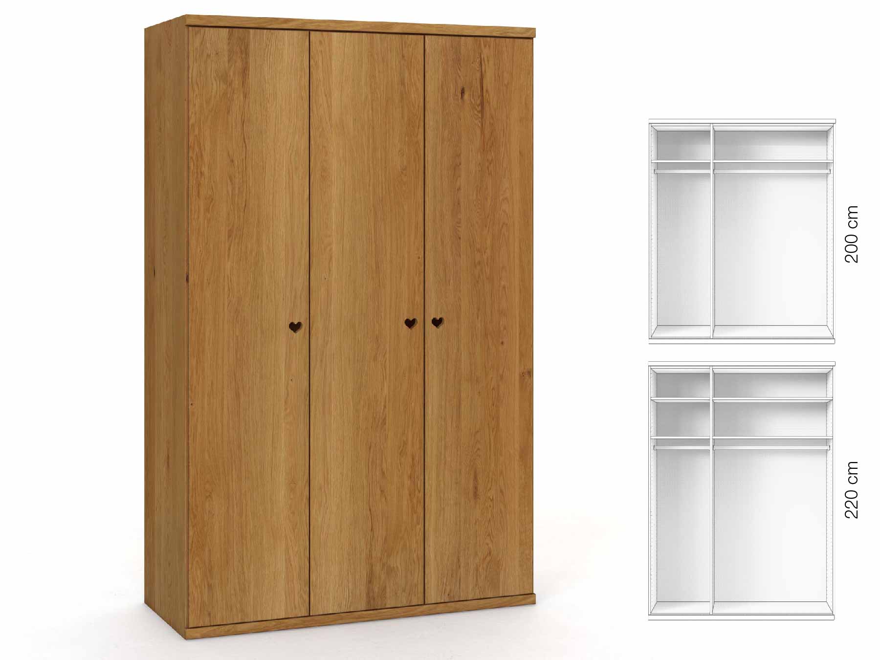 Eichenschrank „Romana“, 3-türig, Höhe 220 cm, Griffausführung „Heidi“, Inneneinrichtung: A
