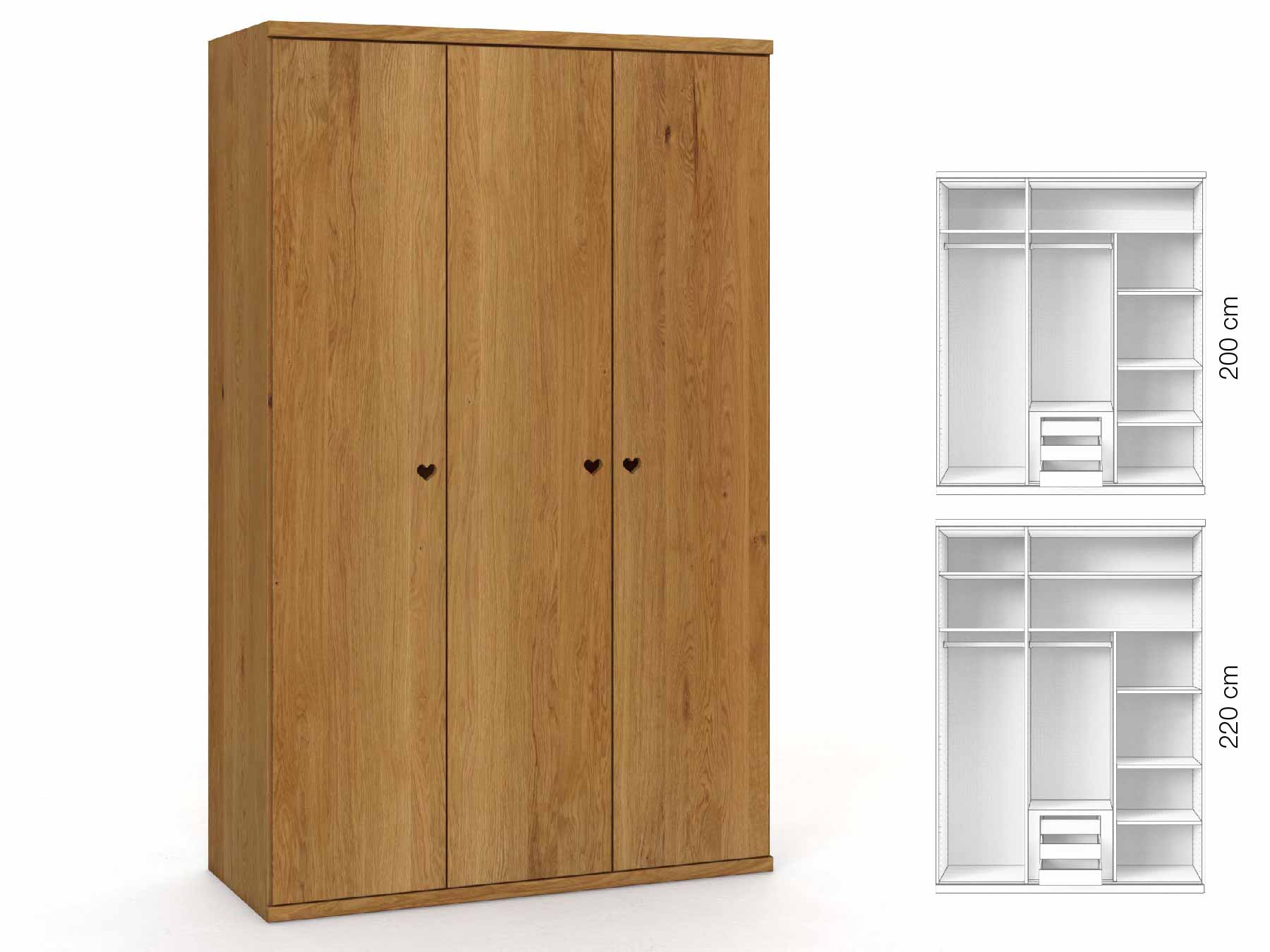 Eichenschrank „Romana“, 3-türig, Höhe 220 cm, Griffausführung „Heidi“, Inneneinrichtung: D