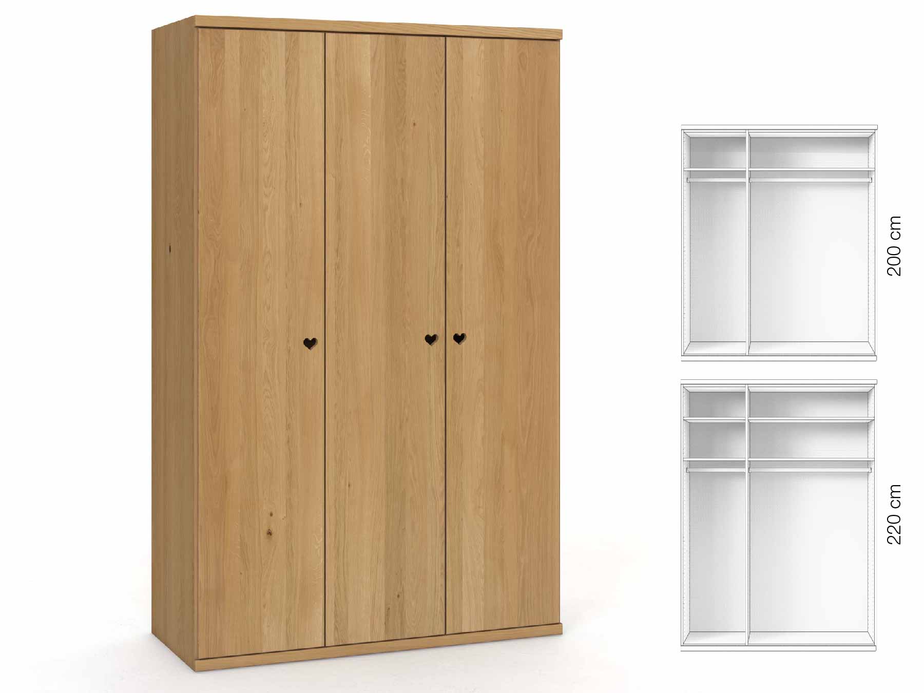 Eichenschrank Hell „Romana“, 3-türig, Höhe 220 cm, Griffausführung „Heidi“, Inneneinrichtung: A
