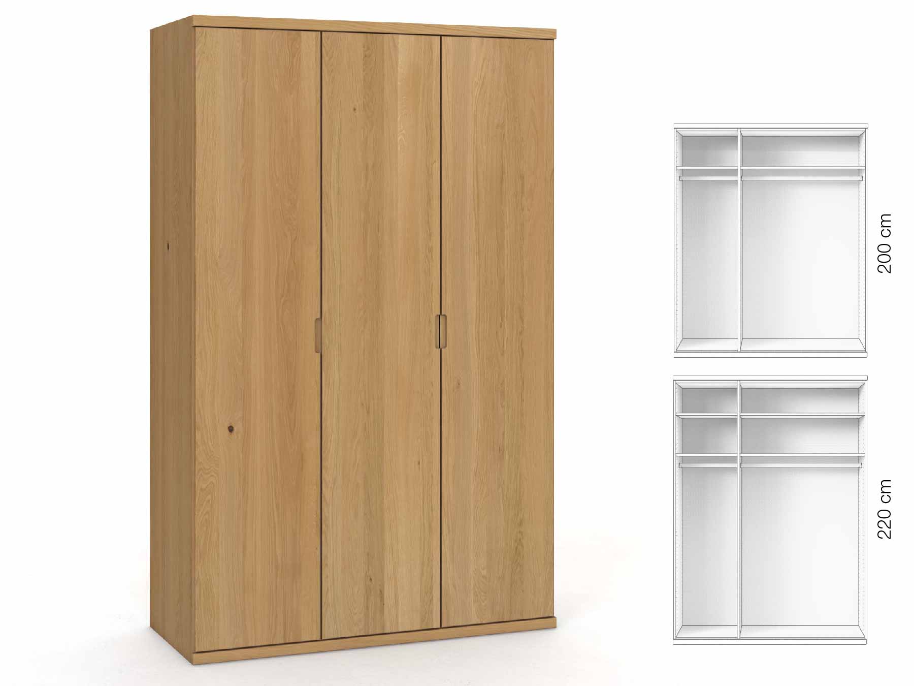 Eichenschrank Hell „Romana“, 3-türig, Höhe 220 cm, Griffausführung „Lukas“, Inneneinrichtung: A