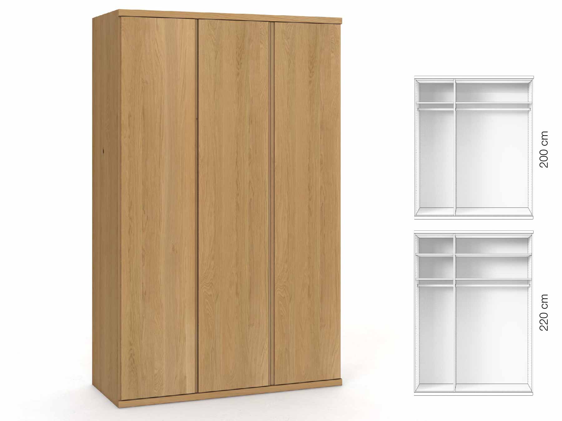 Eichenschrank Hell „Romana“, 3-türig, Höhe 220 cm, Griffausführung „Patrizia“, Inneneinrichtung: A