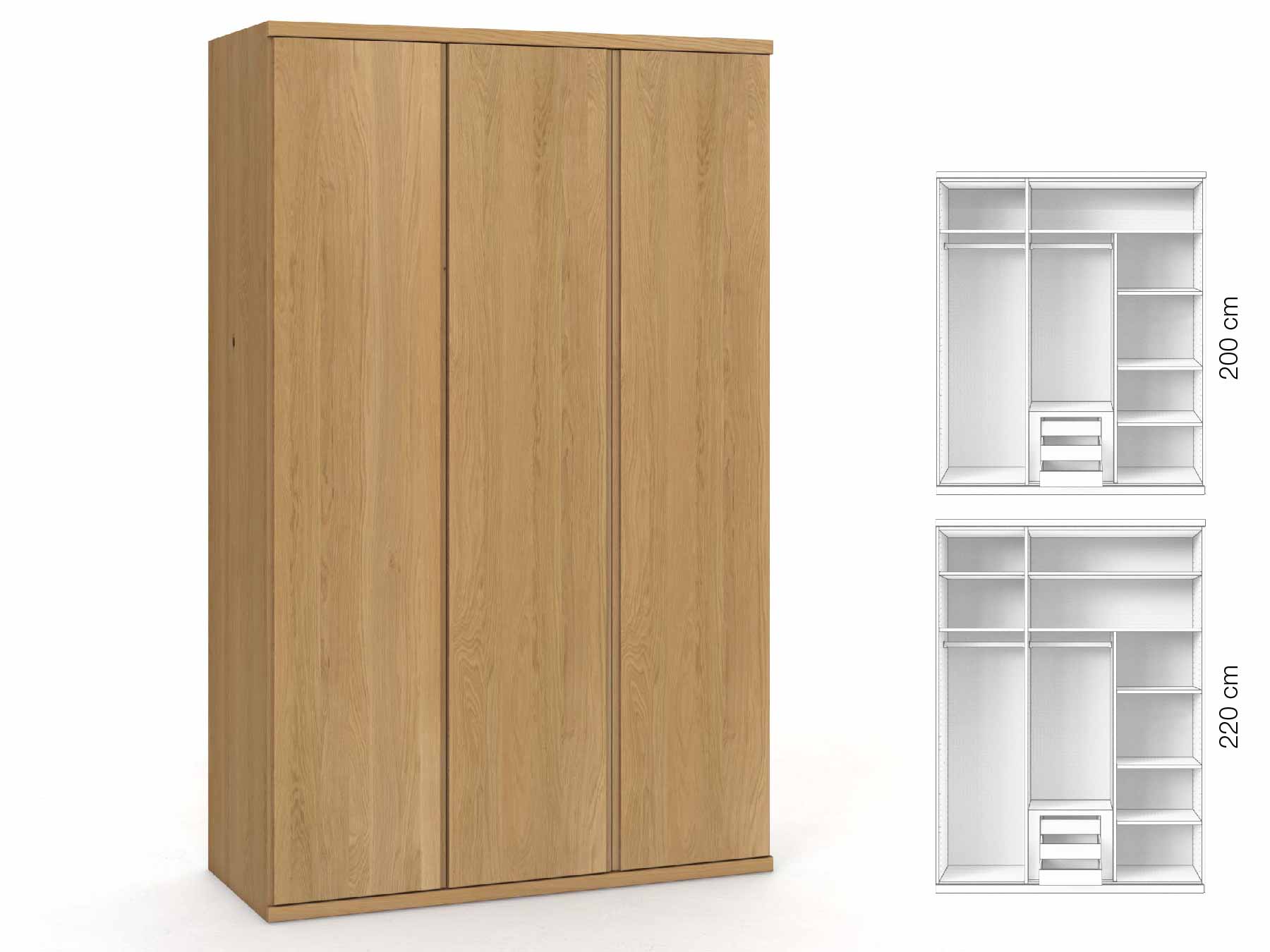 Eichenschrank Hell „Romana“, 3-türig, Höhe 220 cm, Griffausführung „Patrizia“, Inneneinrichtung: D