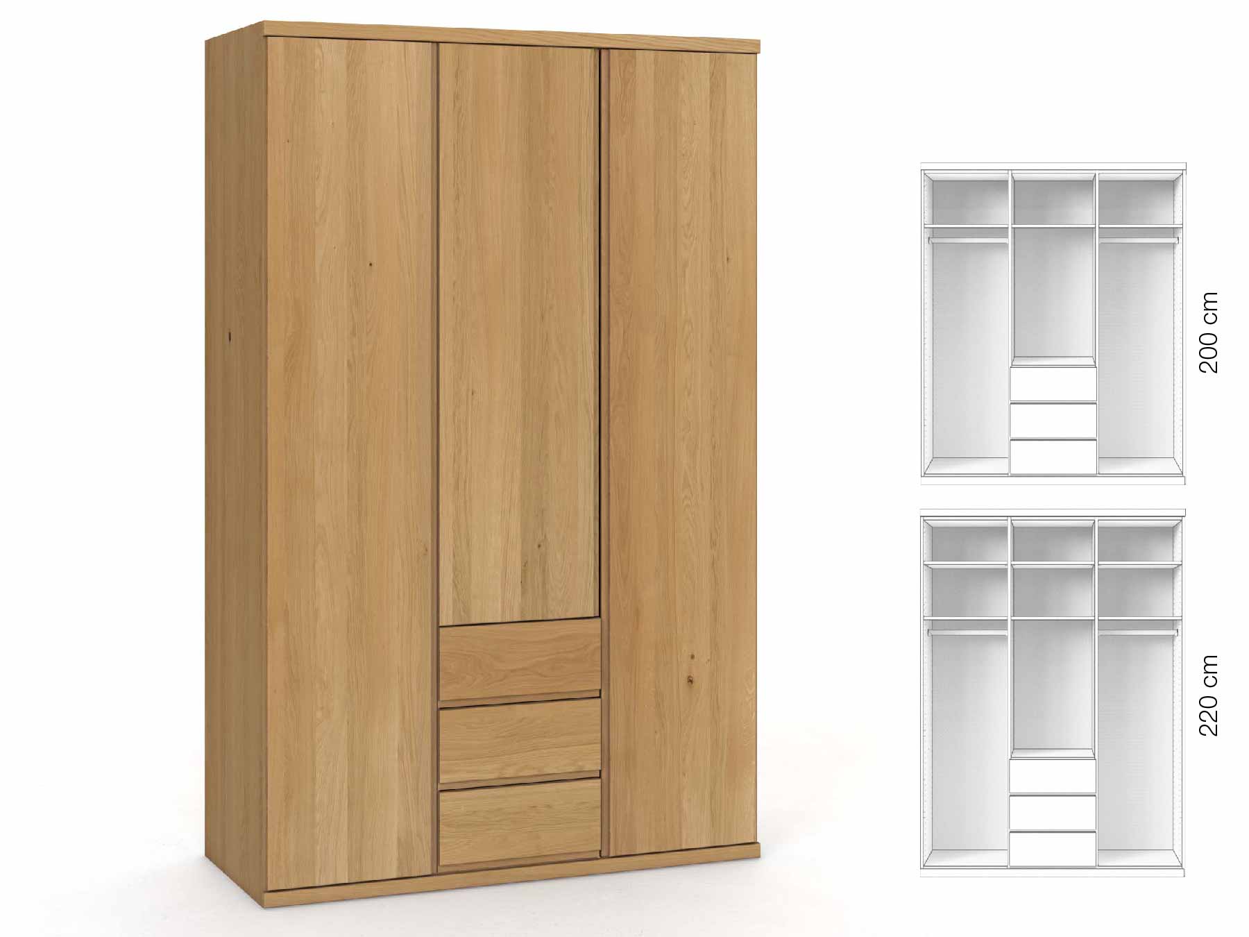 Eichenschrank Hell „Romana“, 3-türig, Höhe 220 cm, Griffausführung „Patrizia“, Inneneinrichtung: E