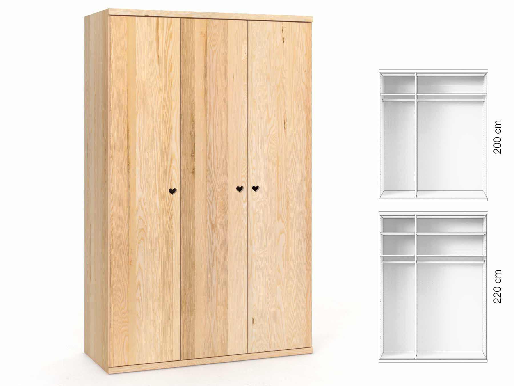 Eschenschrank „Romana“, 3-türig, Höhe 220 cm, Griffausführung „Heidi“, Inneneinrichtung: A