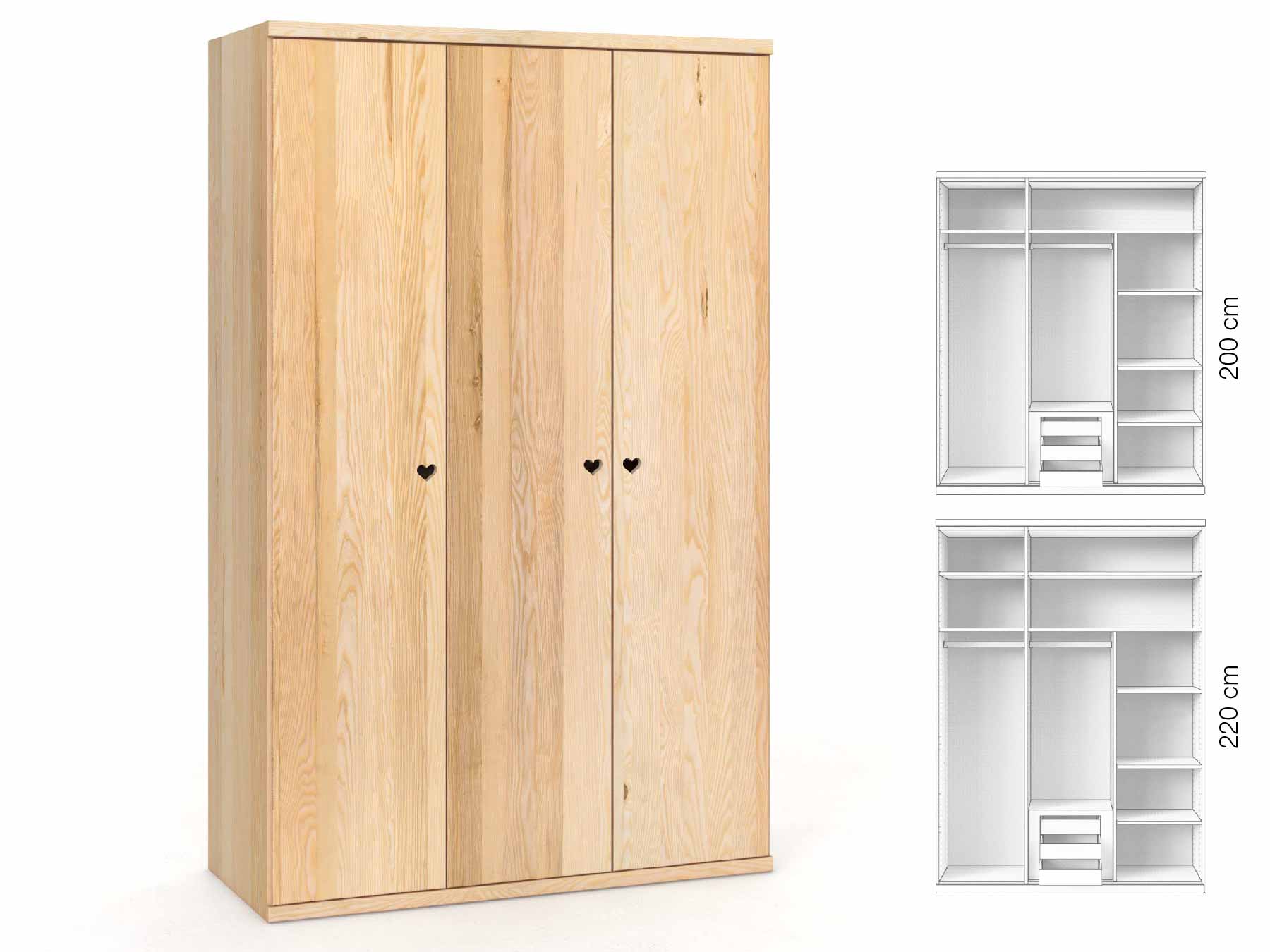 Eschenschrank „Romana“, 3-türig, Höhe 220 cm, Griffausführung „Heidi“, Inneneinrichtung: C