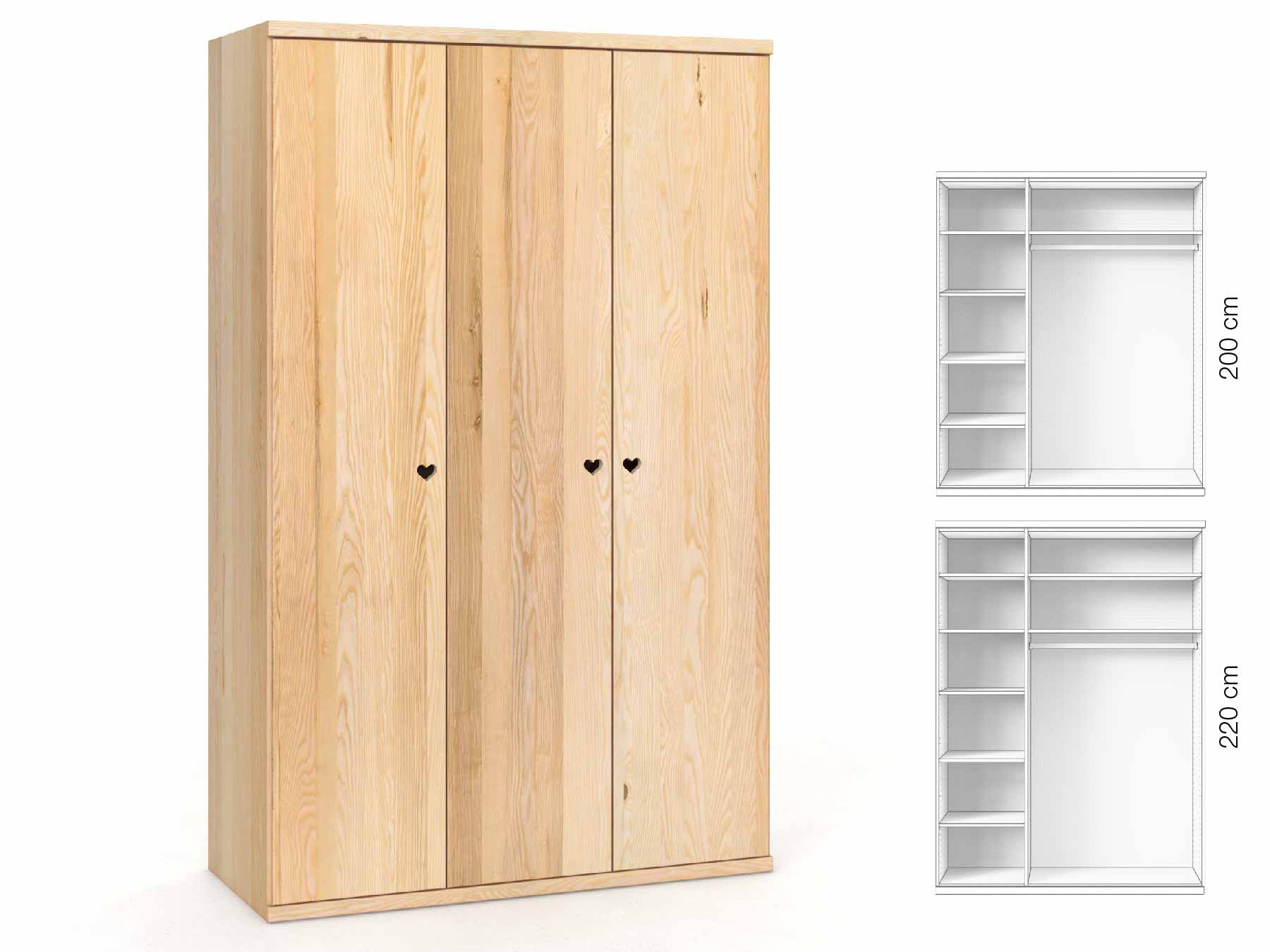 Eschenschrank „Romana“, 3-türig, Höhe 220 cm, Griffausführung „Heidi“, Inneneinrichtung: B
