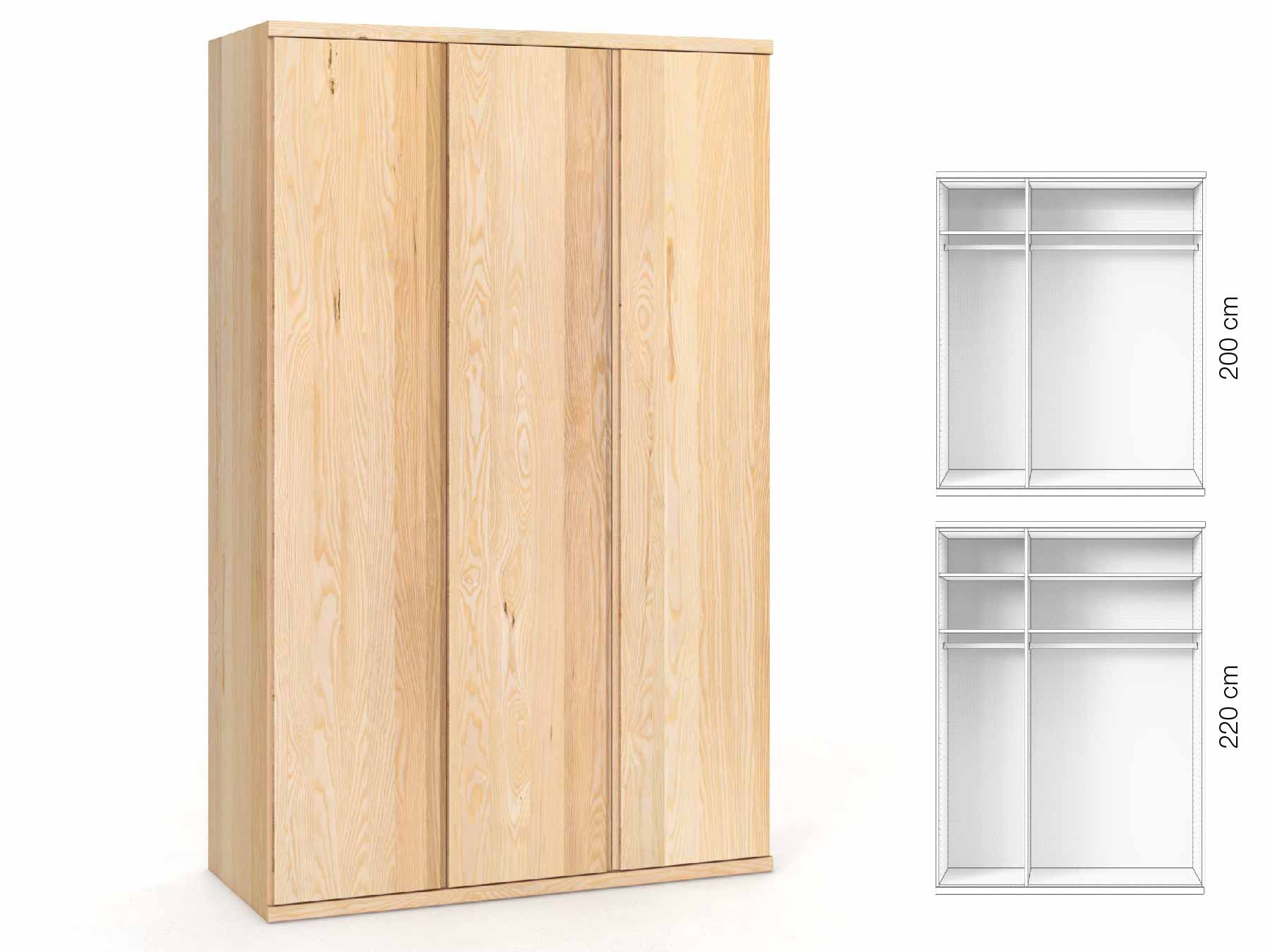 Eschenschrank „Romana“, 3-türig, Höhe 220 cm, Griffausführung „Patrizia“, Inneneinrichtung: A