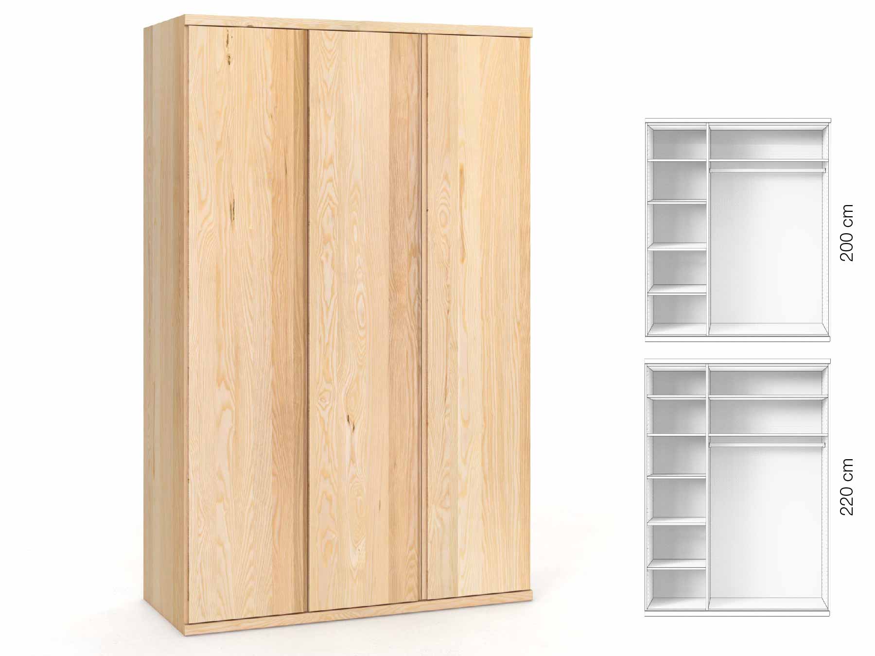 Eschenschrank „Romana“, 3-türig, Höhe 220 cm, Griffausführung „Patrizia“, Inneneinrichtung: B