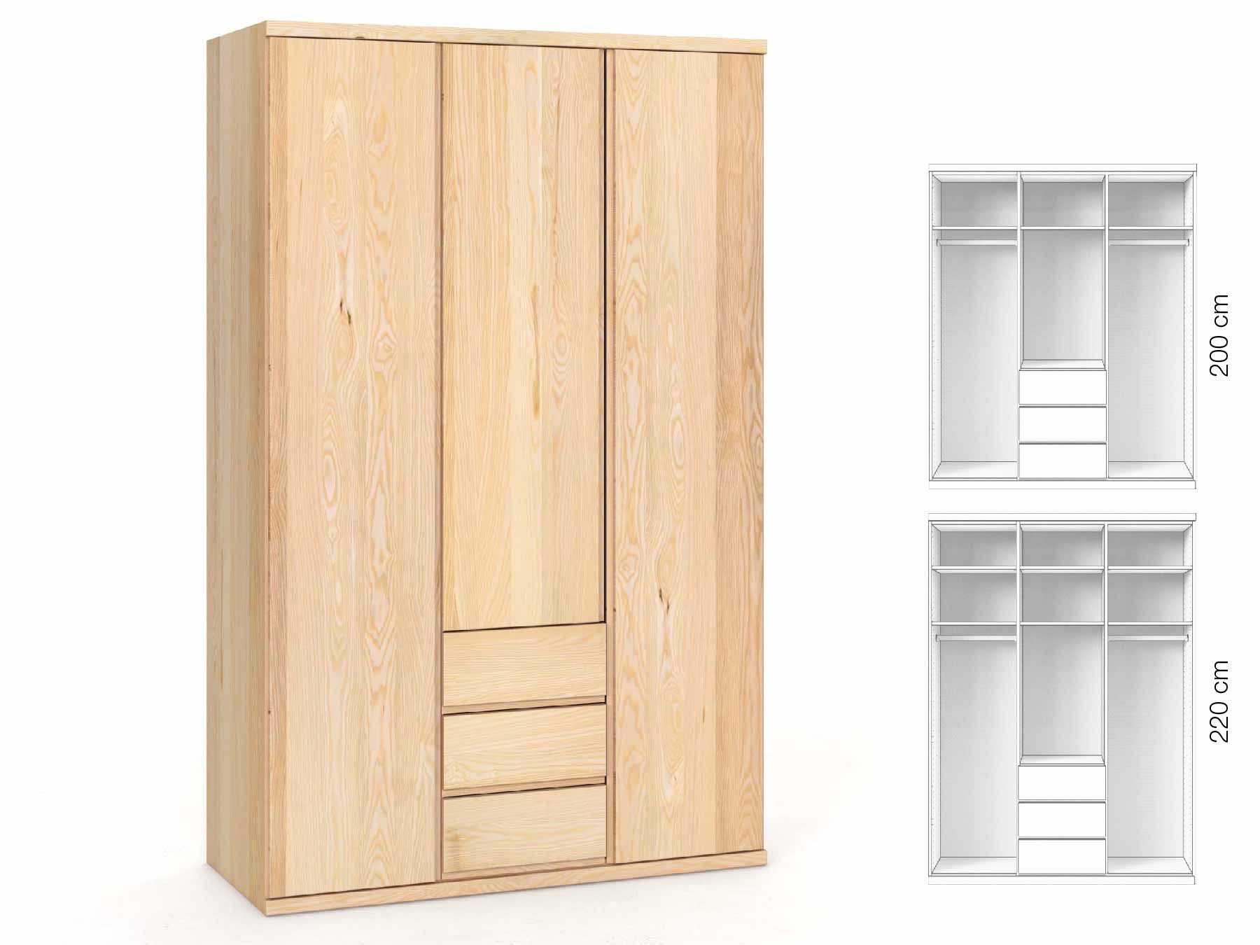 Eschenschrank „Romana“, 3-türig, Höhe 220 cm, Griffausführung „Patrizia“, Inneneinrichtung: E