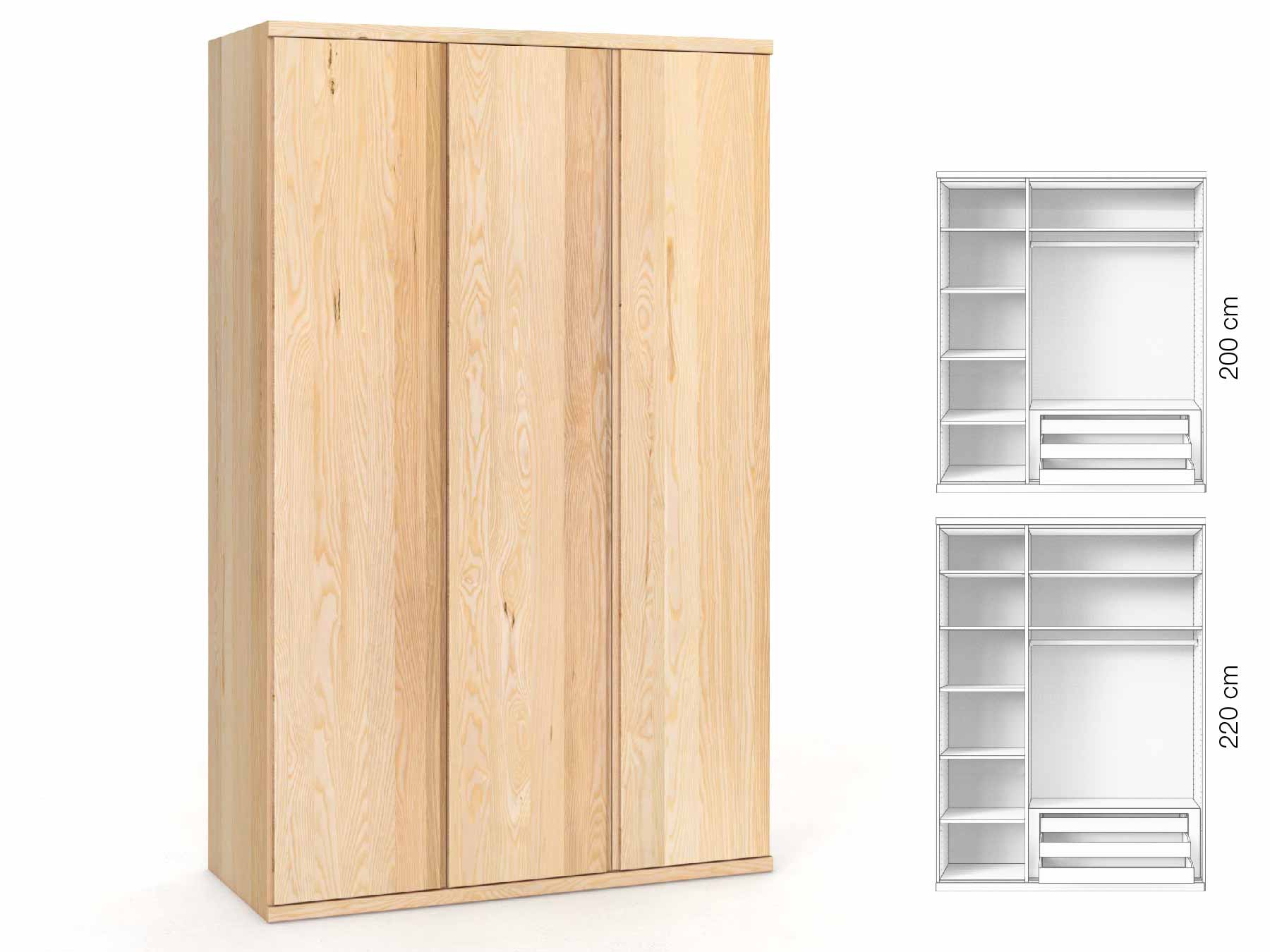 Eschenschrank „Romana“, 3-türig, Höhe 220 cm, Griffausführung „Patrizia“, Inneneinrichtung: C