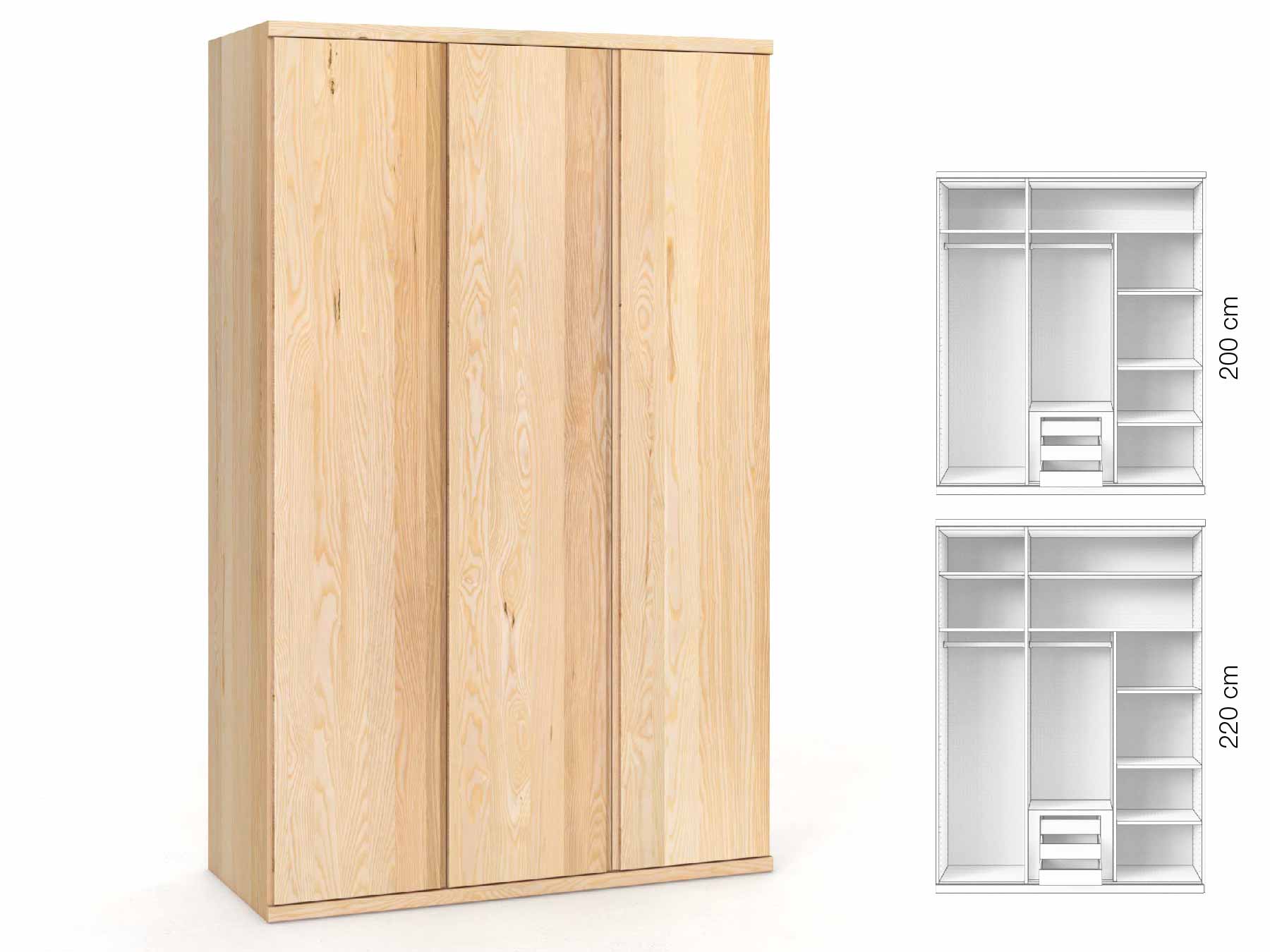 Eschenschrank „Romana“, 3-türig, Höhe 220 cm, Griffausführung „Patrizia“, Inneneinrichtung: D
