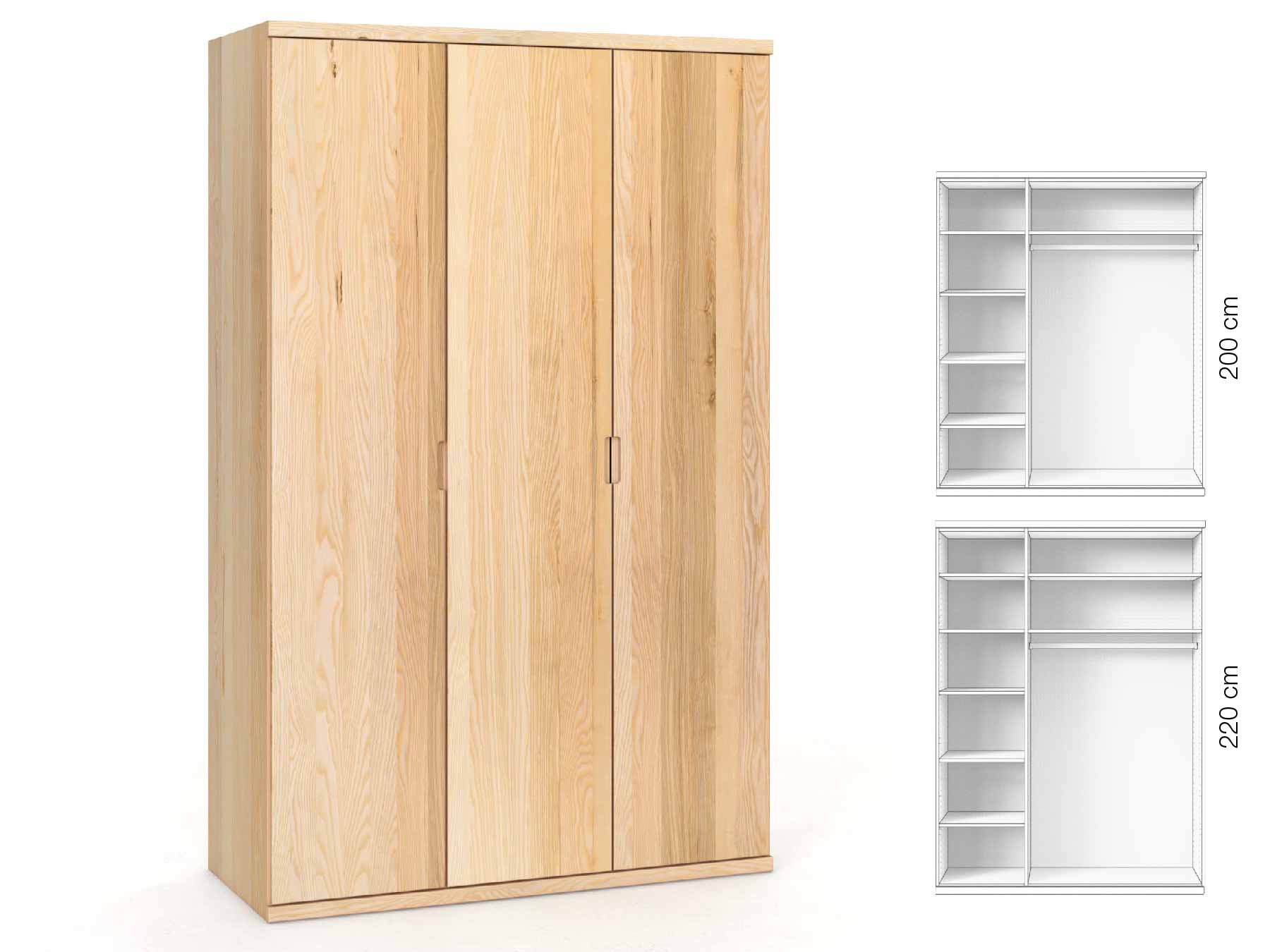 Eschenschrank „Romana“, 3-türig, Höhe 220 cm, Griffausführung „Lukas“, Inneneinrichtung: B