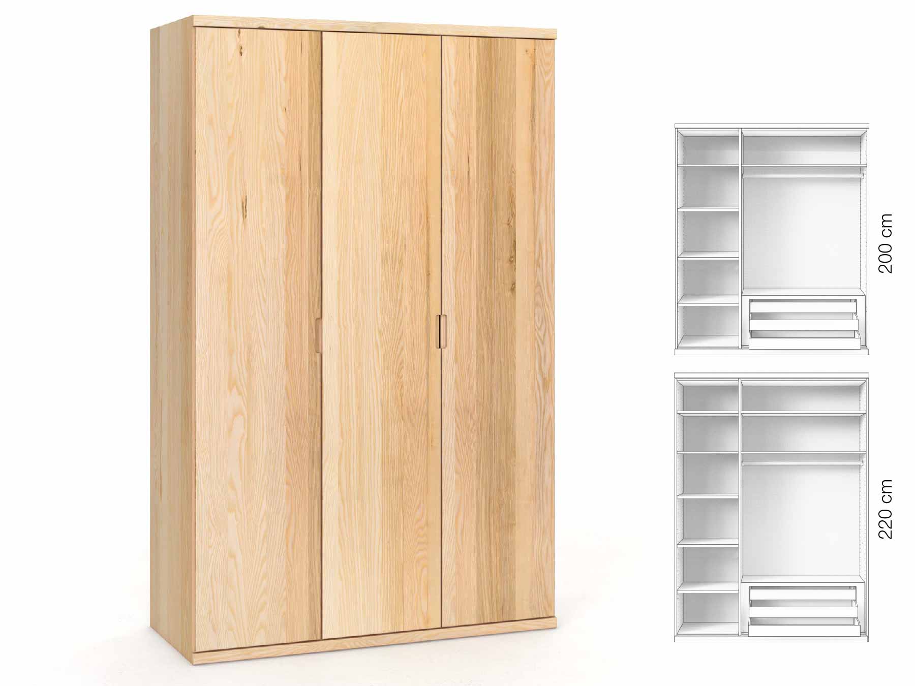 Eschenschrank „Romana“, 3-türig, Höhe 220 cm, Griffausführung „Lukas“, Inneneinrichtung: C