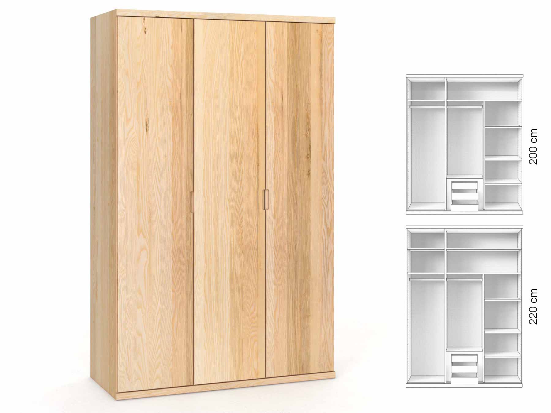Eschenschrank „Romana“, 3-türig, Höhe 220 cm, Griffausführung „Lukas“, Inneneinrichtung: D