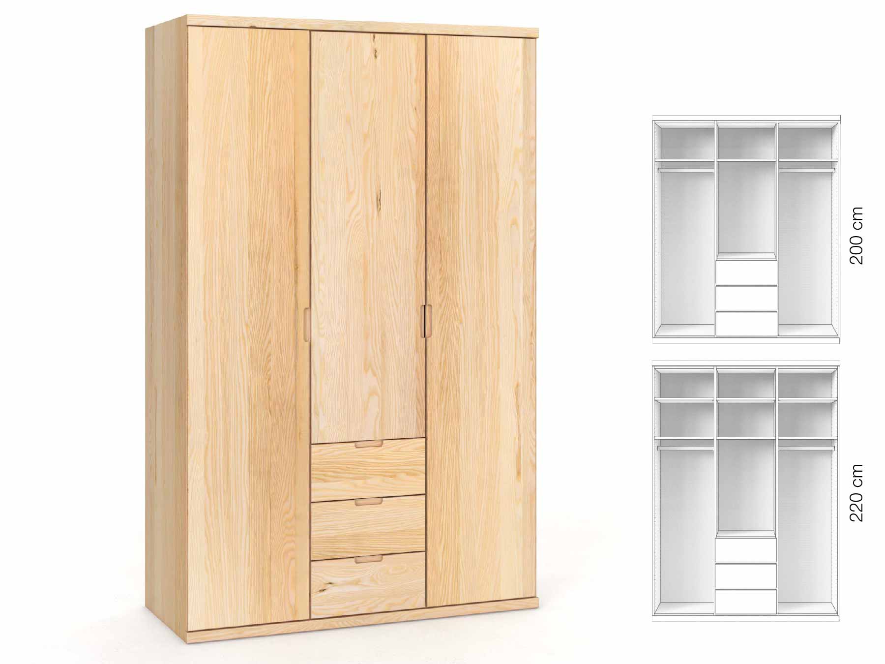 Eschenschrank „Romana“, 3-türig, Höhe 220 cm, Griffausführung „Lukas“, Inneneinrichtung: E