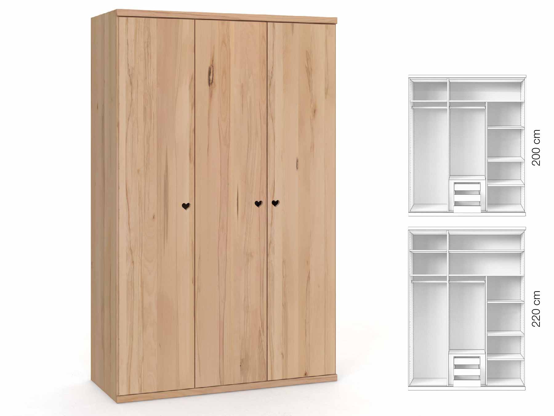 Buchenschrank „Romana“, 3-türig, Höhe 220 cm, Griffausführung „Heidi“, Inneneinrichtung: D