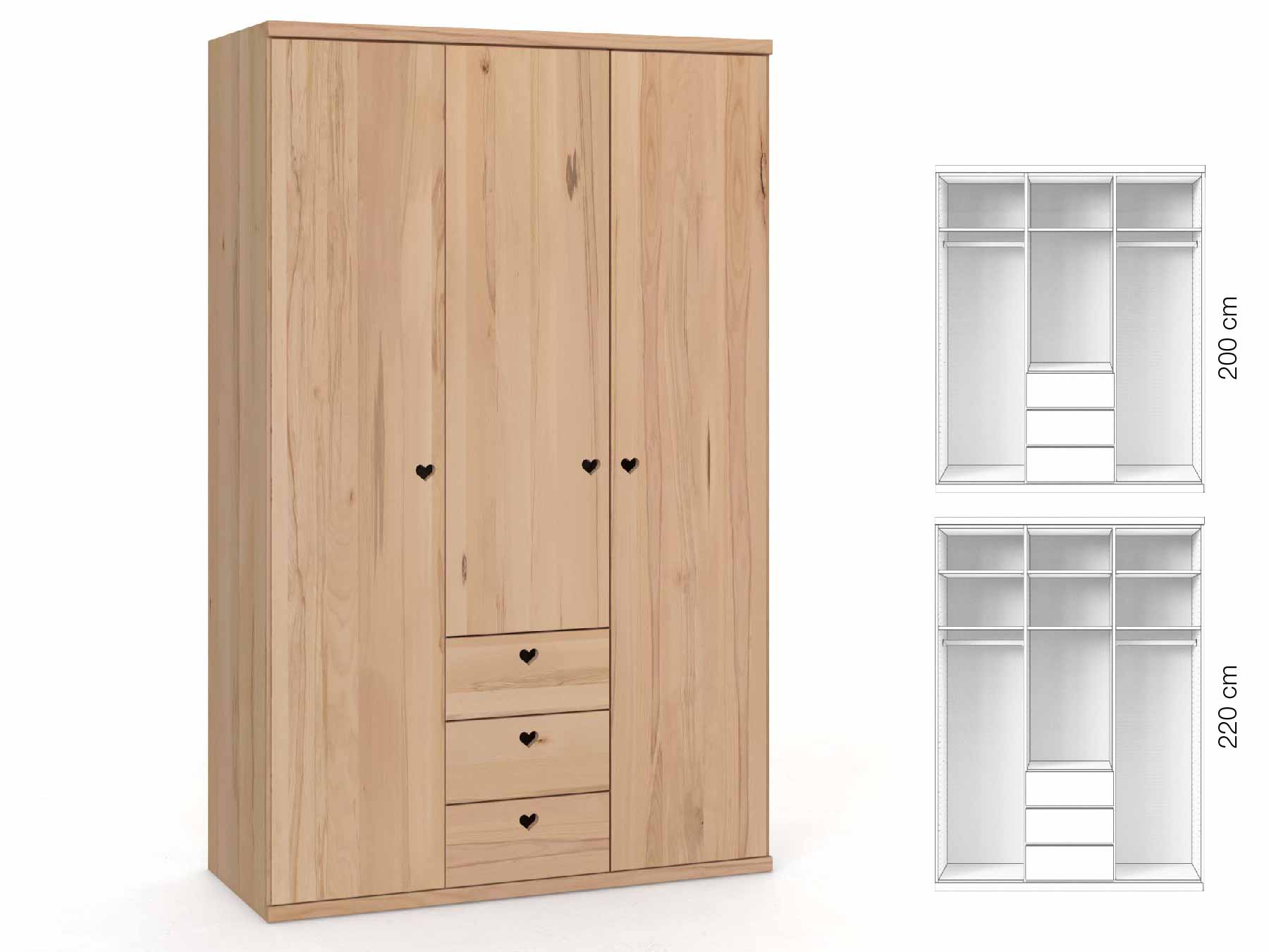 Buchenschrank „Romana“, 3-türig, Höhe 220 cm, Griffausführung „Heidi“, Inneneinrichtung: E