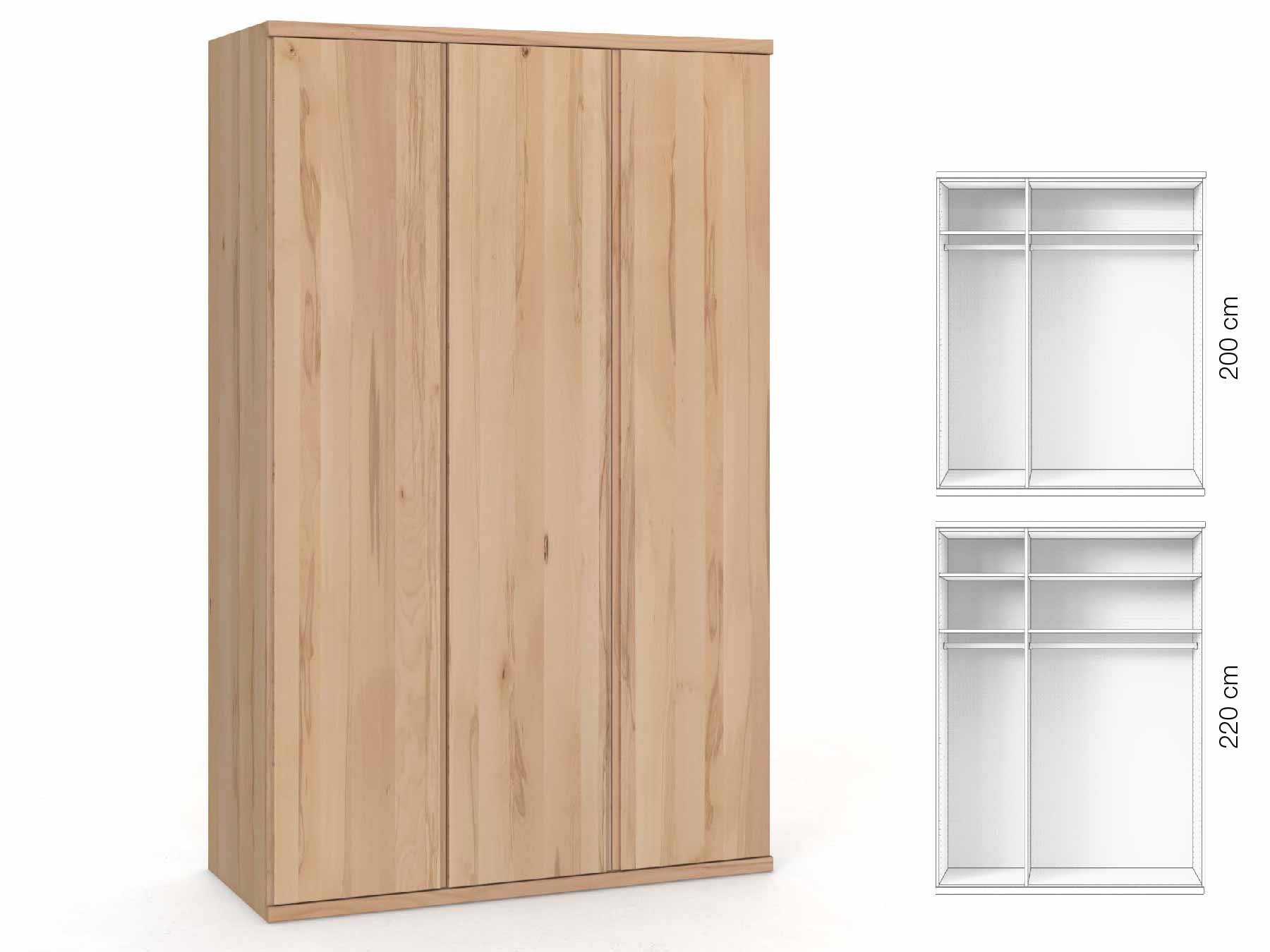 Buchenschrank „Romana“, 3-türig, Höhe 220 cm, Griffausführung „Patrizia“, Inneneinrichtung: A