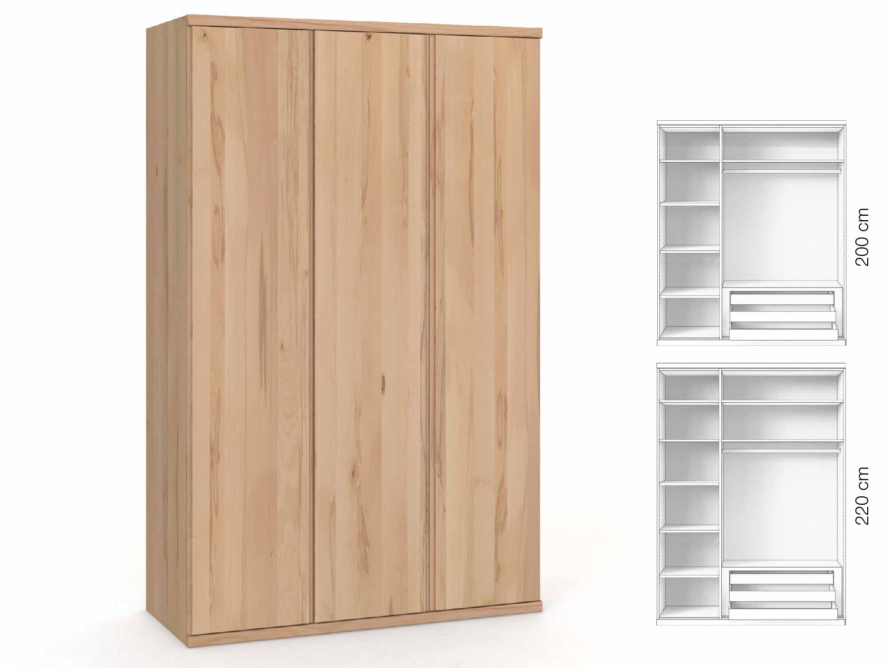 Buchenschrank „Romana“, 3-türig, Höhe 220 cm, Griffausführung „Patrizia“, Inneneinrichtung: C