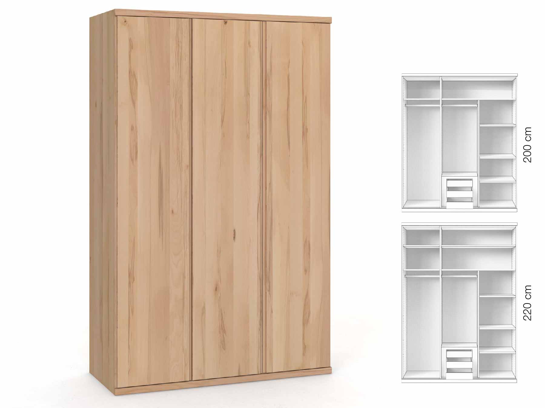 Buchenschrank „Romana“, 3-türig, Höhe 220 cm, Griffausführung „Patrizia“, Inneneinrichtung: D