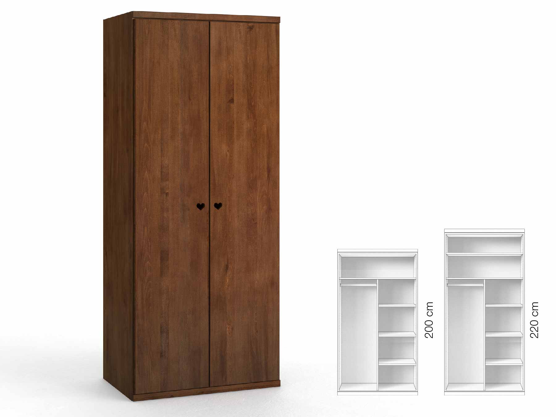 Buchenschrank Dunkel „Romana“, 2-türig, Höhe 220 cm, Griffausführung „Heidi“, Inneneinrichtung: B