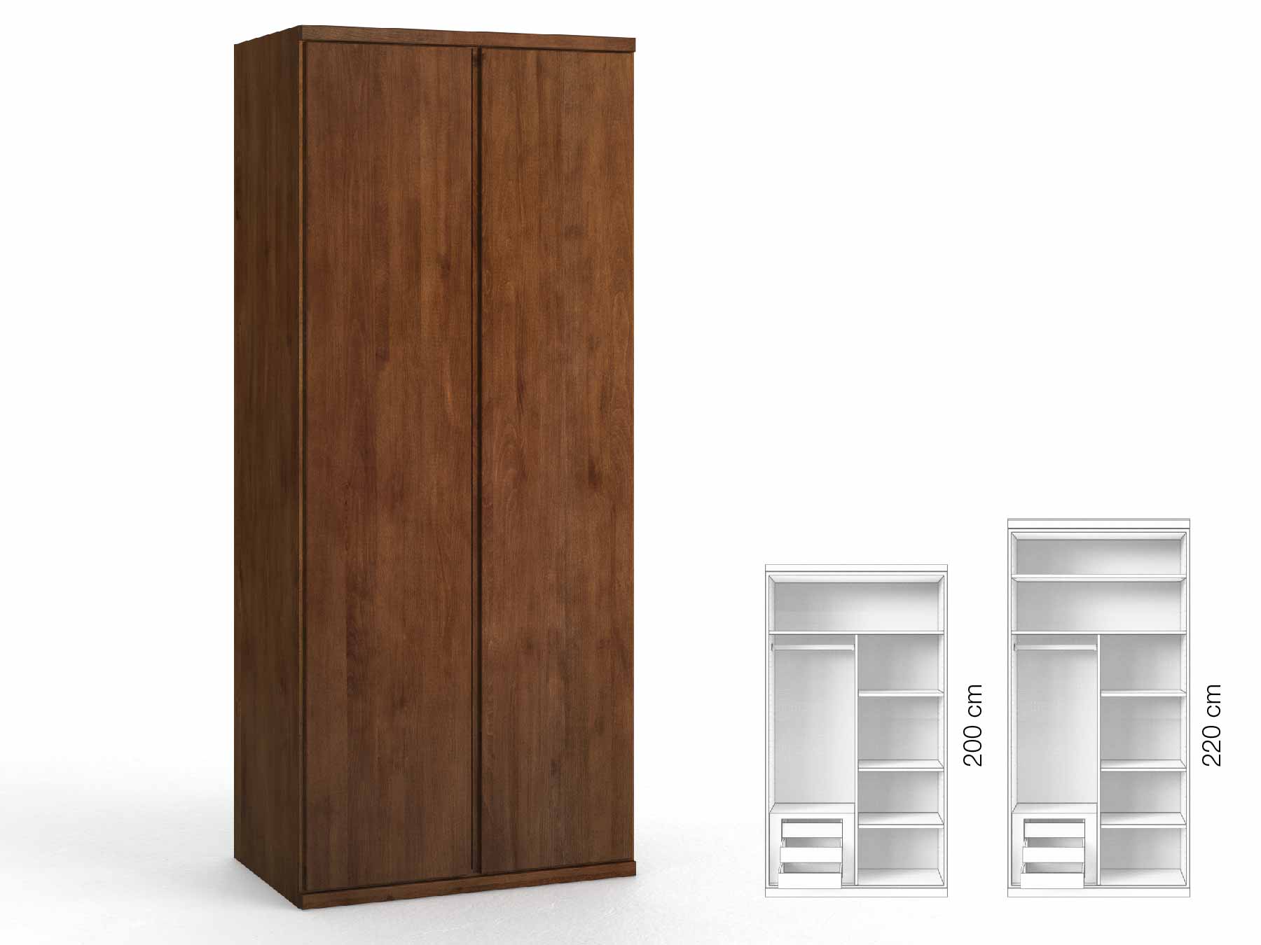 Buchenschrank Dunkel „Romana“, 2-türig, Höhe 220 cm, Griffausführung „Patrizia“, Inneneinrichtung: C