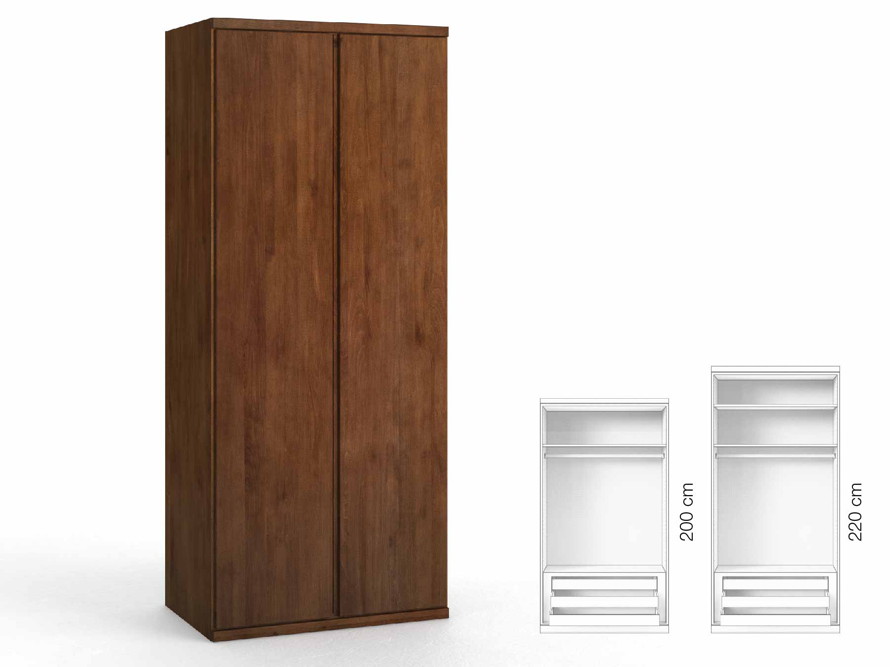 Buchenschrank Dunkel „Romana“, 2-türig, Höhe 220 cm, Griffausführung „Patrizia“, Inneneinrichtung: D