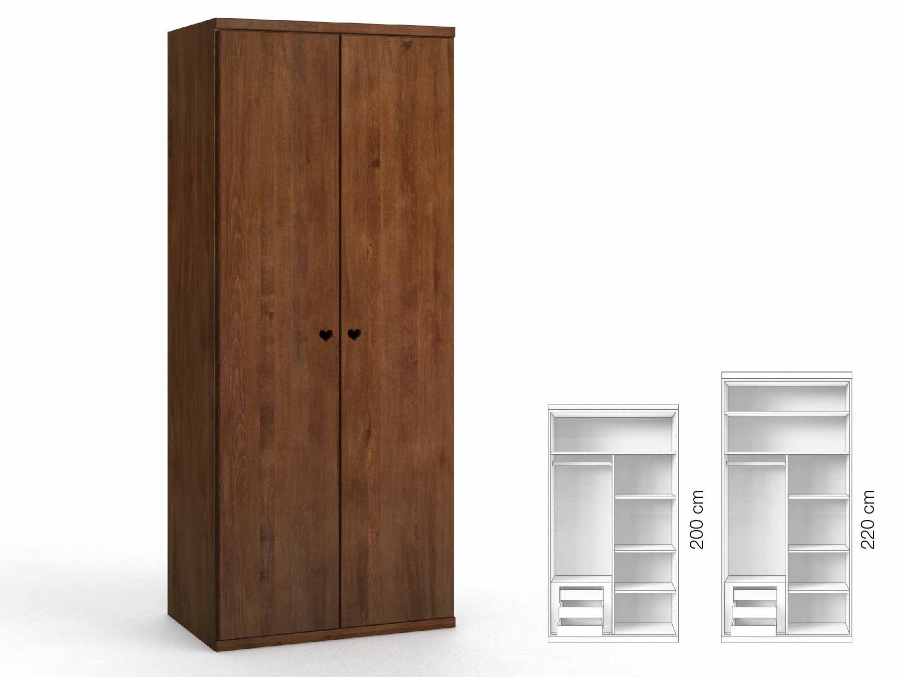 Buchenschrank Dunkel „Romana“, 2-türig, Höhe 220 cm, Griffausführung „Heidi“, Inneneinrichtung: C