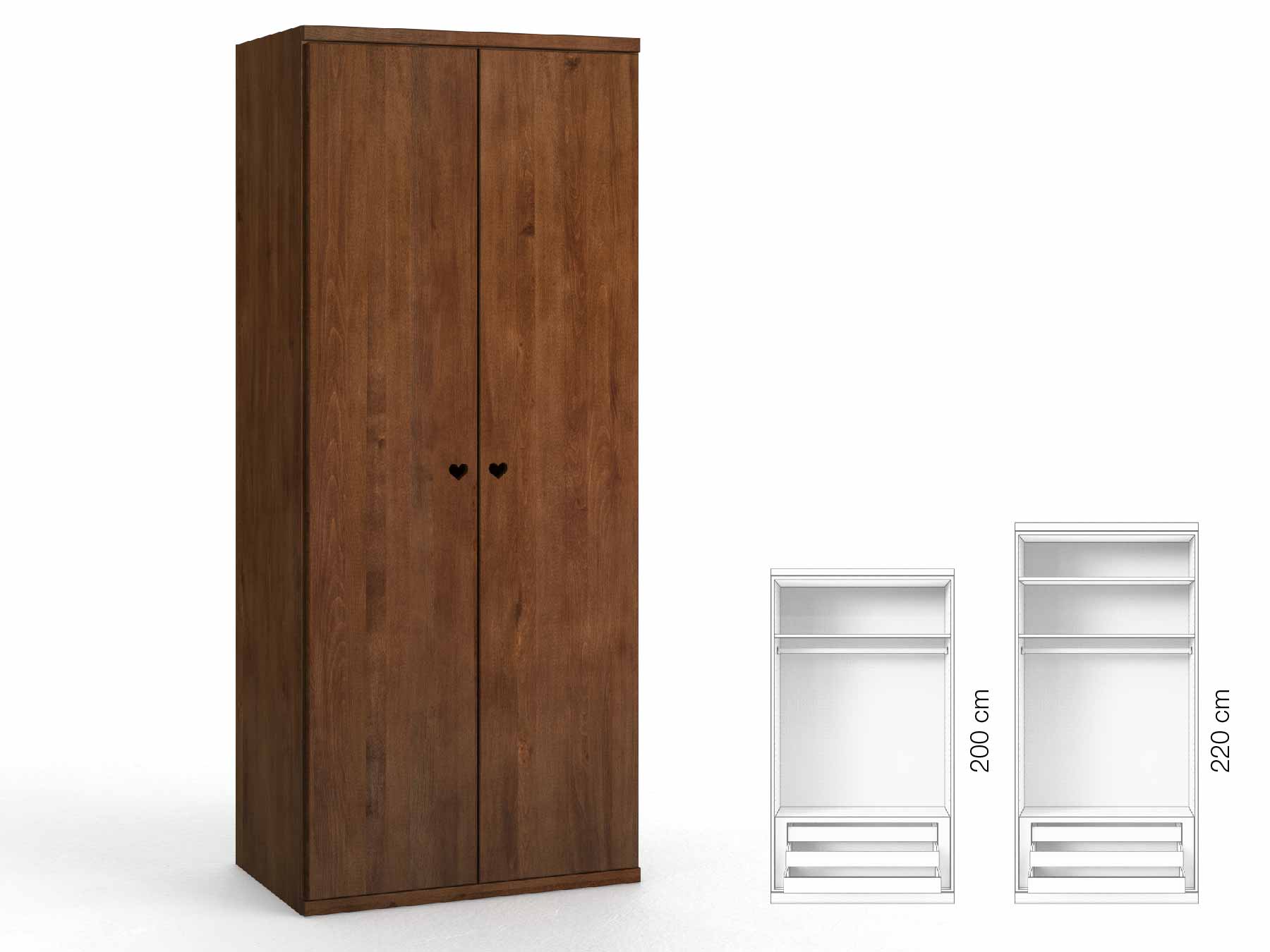 Buchenschrank Dunkel „Romana“, 2-türig, Höhe 220 cm, Griffausführung „Heidi“, Inneneinrichtung: D