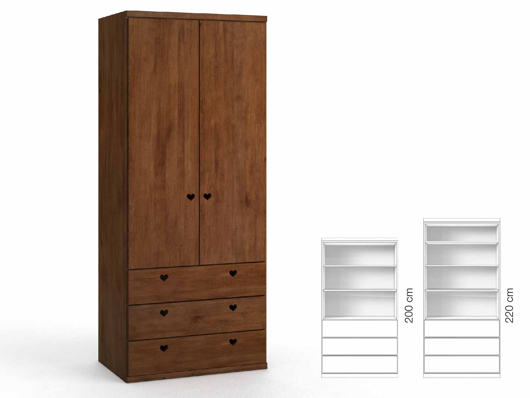 Buchenschrank Dunkel „Romana“, 2-türig, Höhe 220 cm, Griffausführung „Heidi“, Inneneinrichtung: E