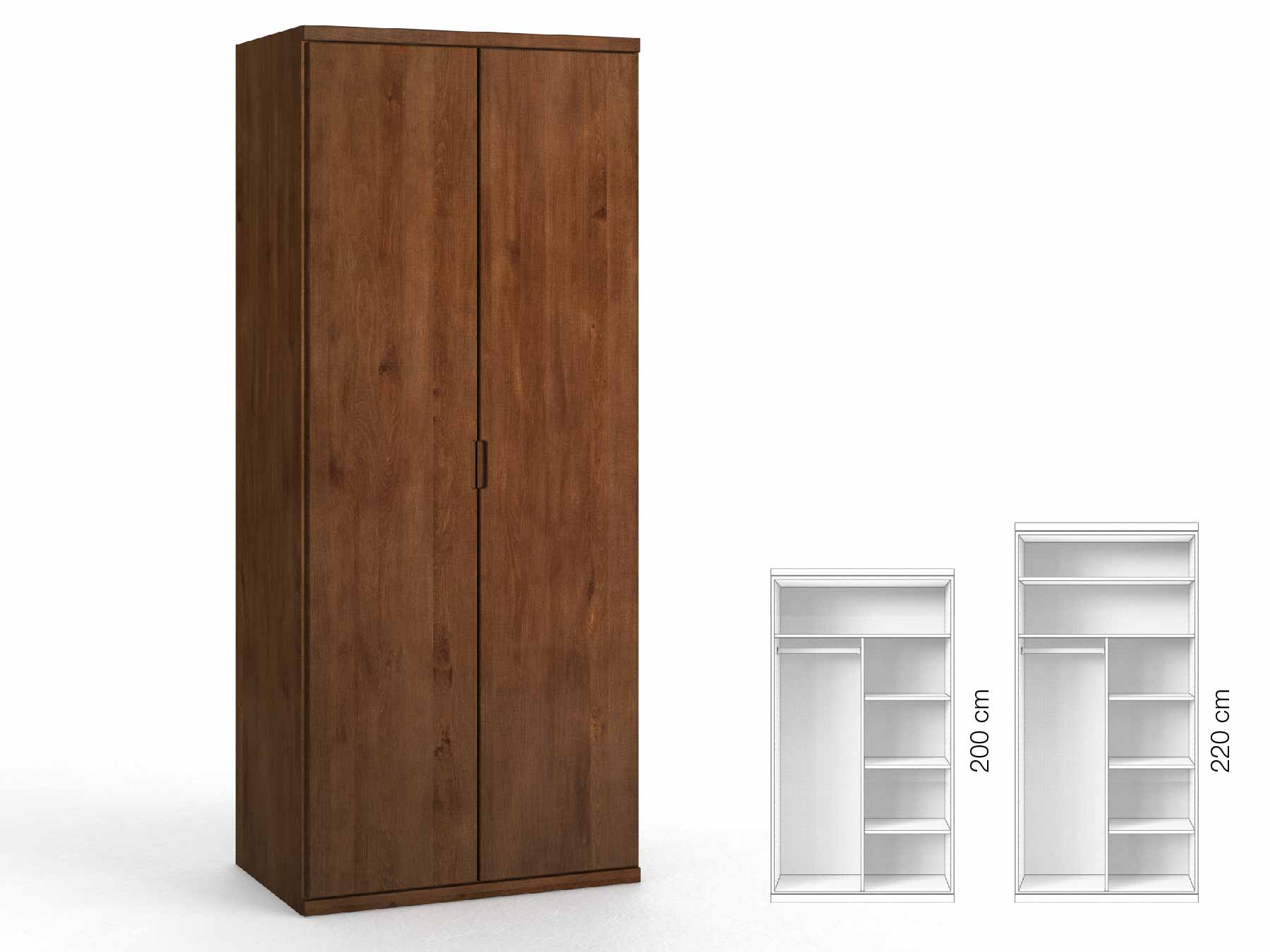 Buchenschrank Dunkel „Romana“, 2-türig, Höhe 220 cm, Griffausführung „Lukas“, Inneneinrichtung: B