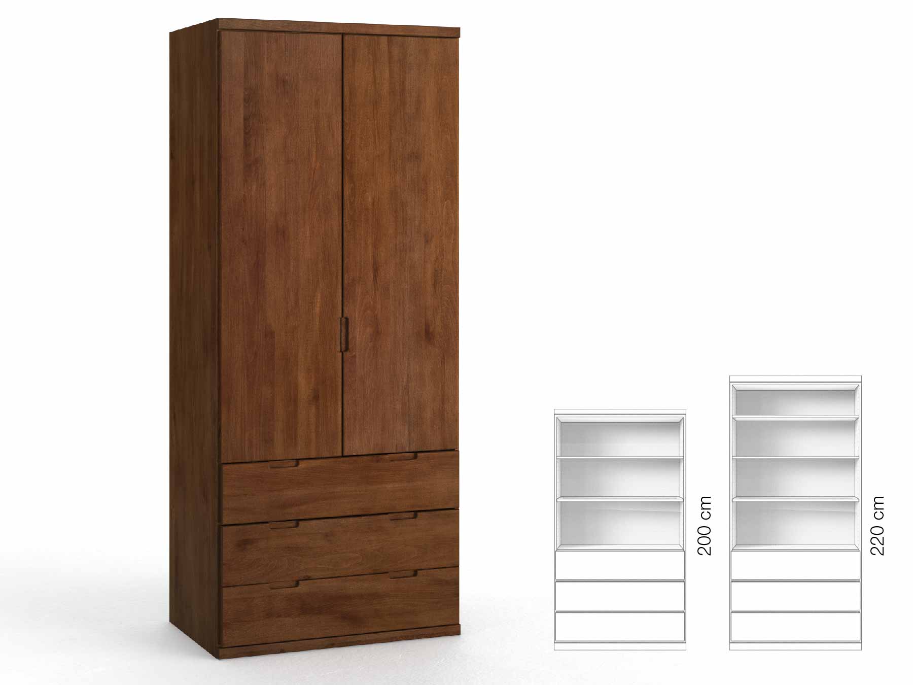 Buchenschrank Dunkel „Romana“, 2-türig, Höhe 220 cm, Griffausführung „Lukas“, Inneneinrichtung: E