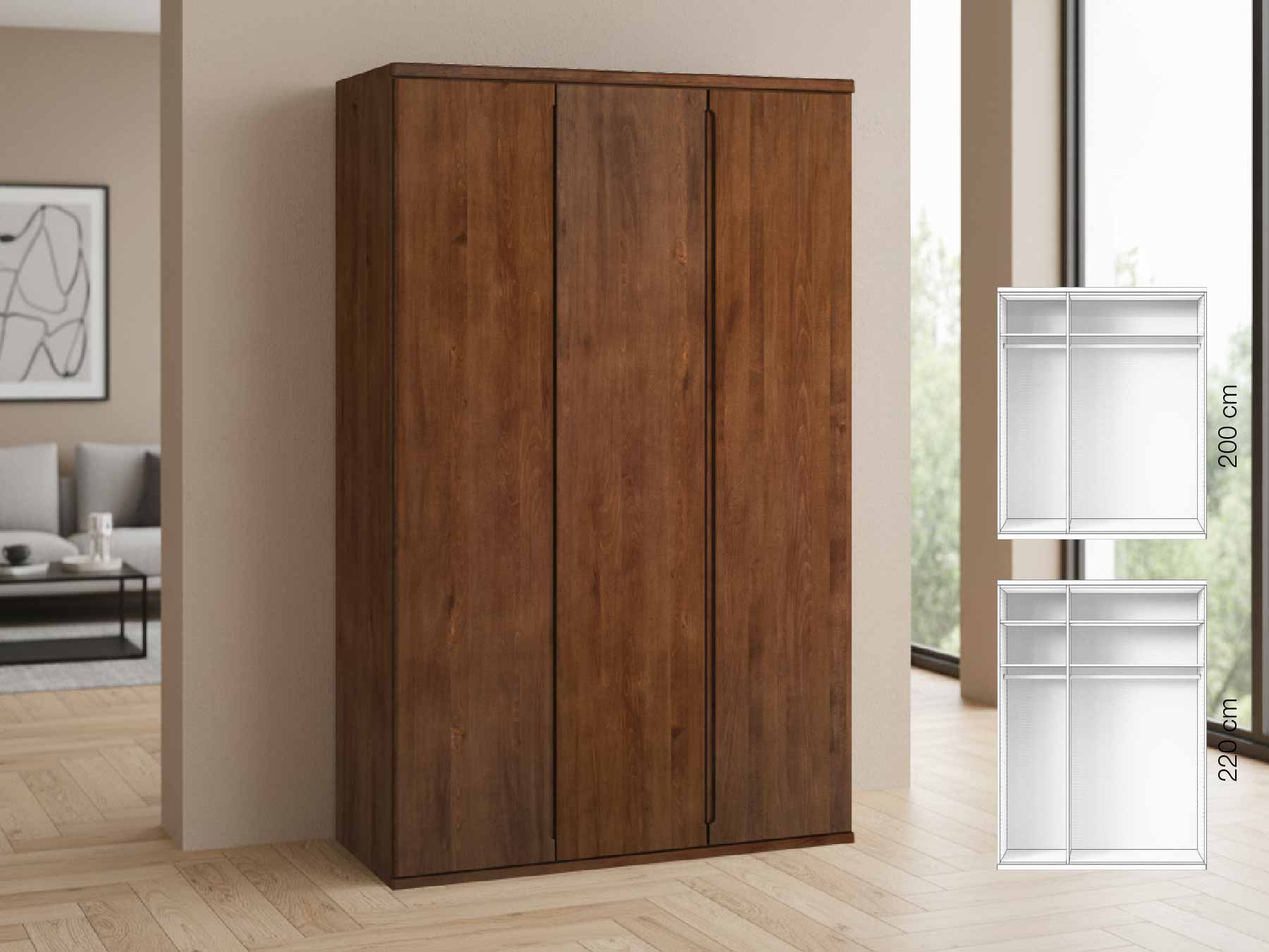 Buchenschrank Dunkel „Valentin“, 3-türig, Höhe 220 cm, Griffausführung „Lukas“, Inneneinrichtung: A