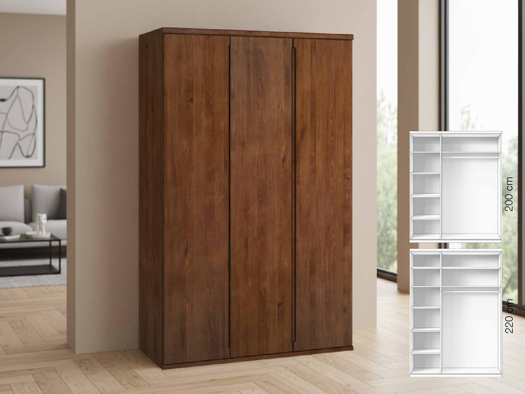 Buchenschrank Dunkel „Valentin“, 3-türig, Höhe 220 cm, Griffausführung „Lukas“, Inneneinrichtung: B