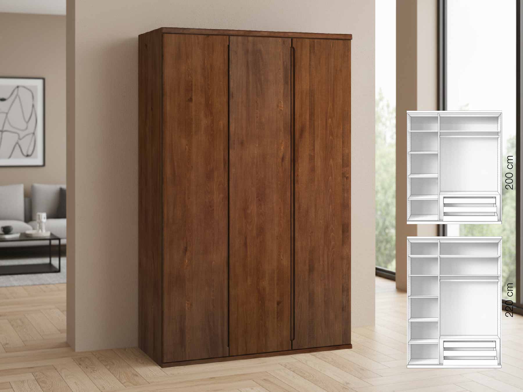 Buchenschrank Dunkel „Valentin“, 3-türig, Höhe 220 cm, Griffausführung „Lukas“, Inneneinrichtung: C