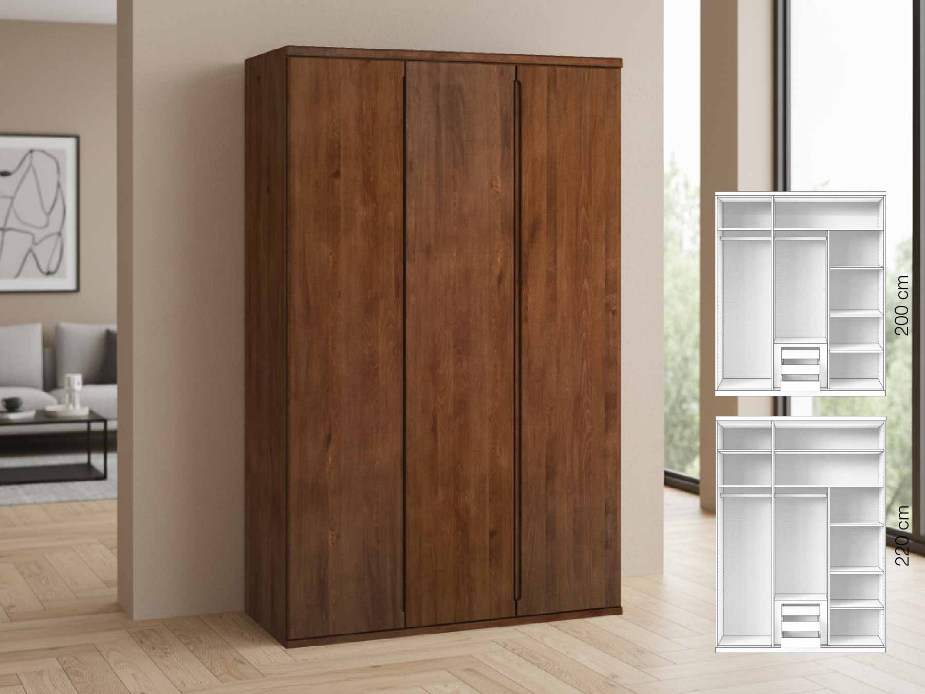 Buchenschrank Dunkel „Valentin“, 3-türig, Höhe 220 cm, Griffausführung „Lukas“, Inneneinrichtung: D