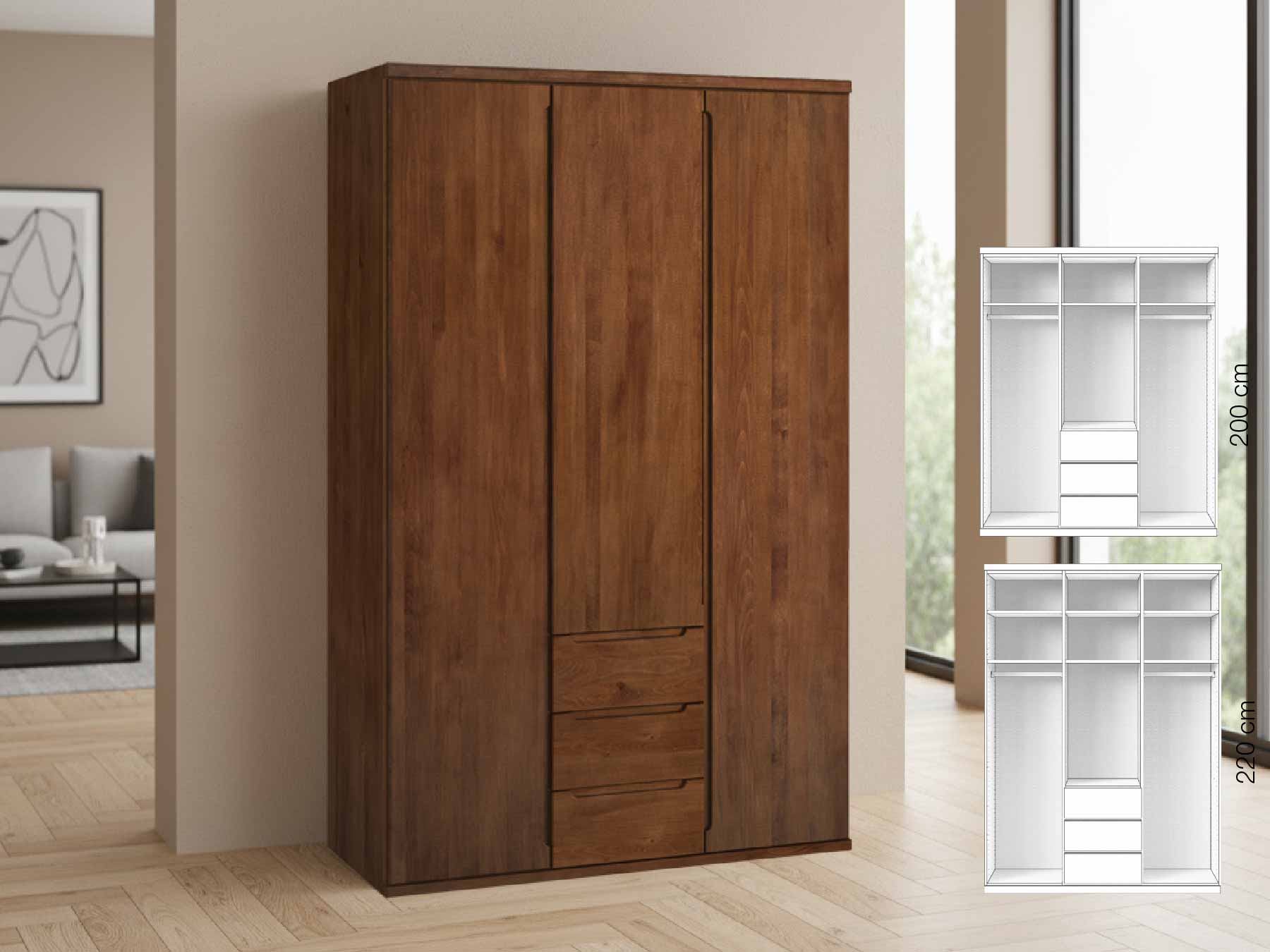 Buchenschrank Dunkel „Valentin“, 3-türig, Höhe 220 cm, Griffausführung „Lukas“, Inneneinrichtung: E