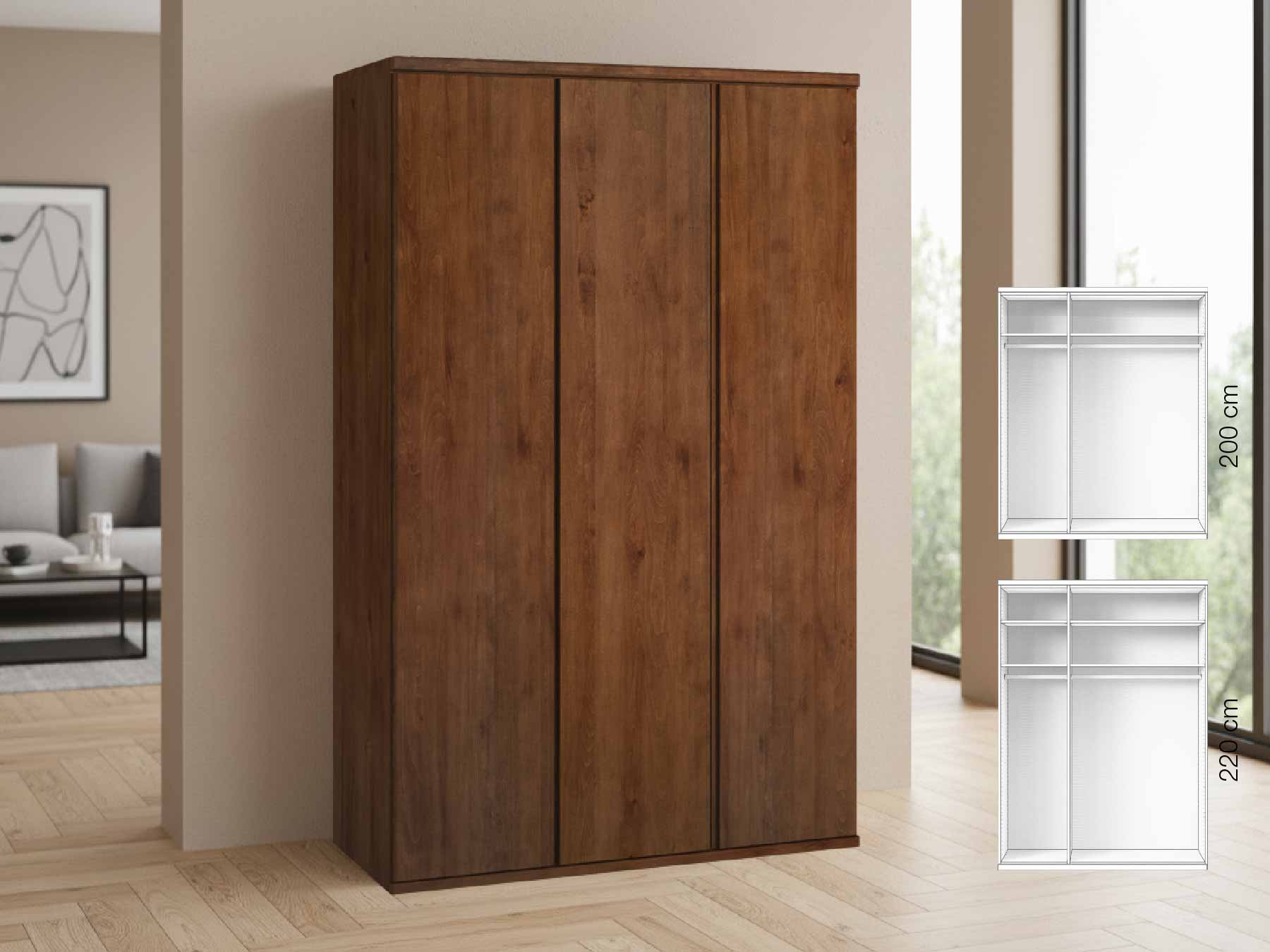 Buchenschrank Dunkel „Valentin“, 3-türig, Höhe 220 cm, Griffausführung „Patrizia“, Inneneinrichtung: A