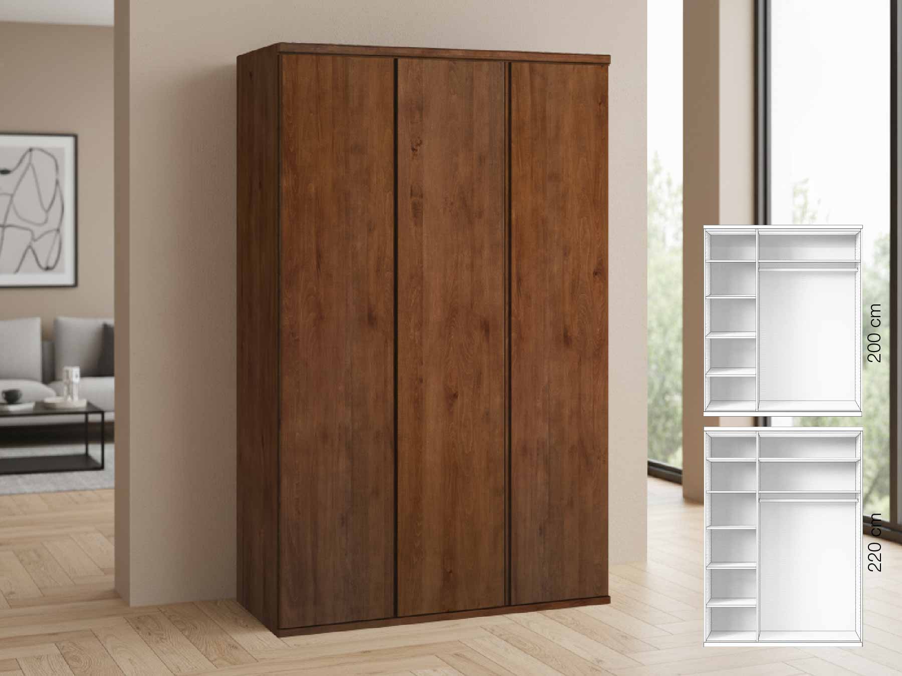 Buchenschrank Dunkel „Valentin“, 3-türig, Höhe 220 cm, Griffausführung „Patrizia“, Inneneinrichtung: B