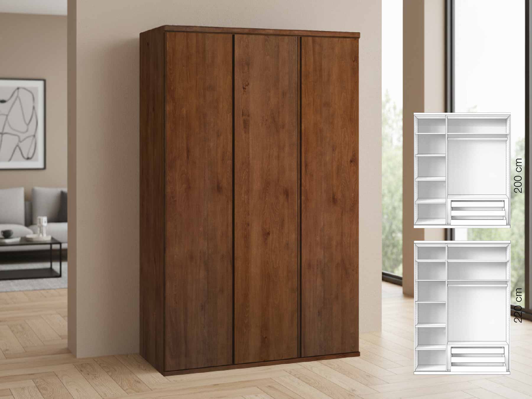 Buchenschrank Dunkel „Valentin“, 3-türig, Höhe 220 cm, Griffausführung „Patrizia“, Inneneinrichtung: C