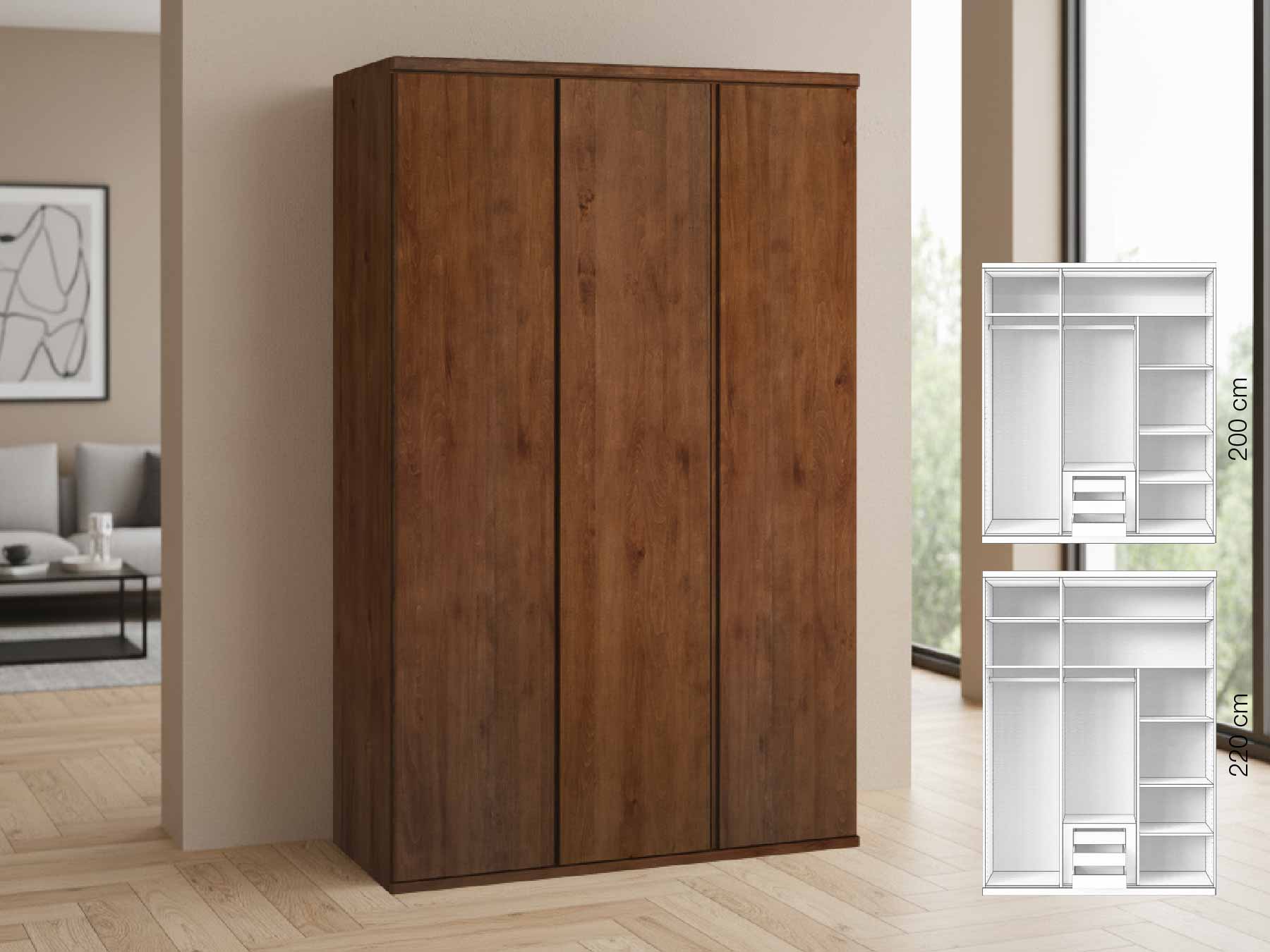 Buchenschrank Dunkel „Valentin“, 3-türig, Höhe 220 cm, Griffausführung „Patrizia“, Inneneinrichtung: D