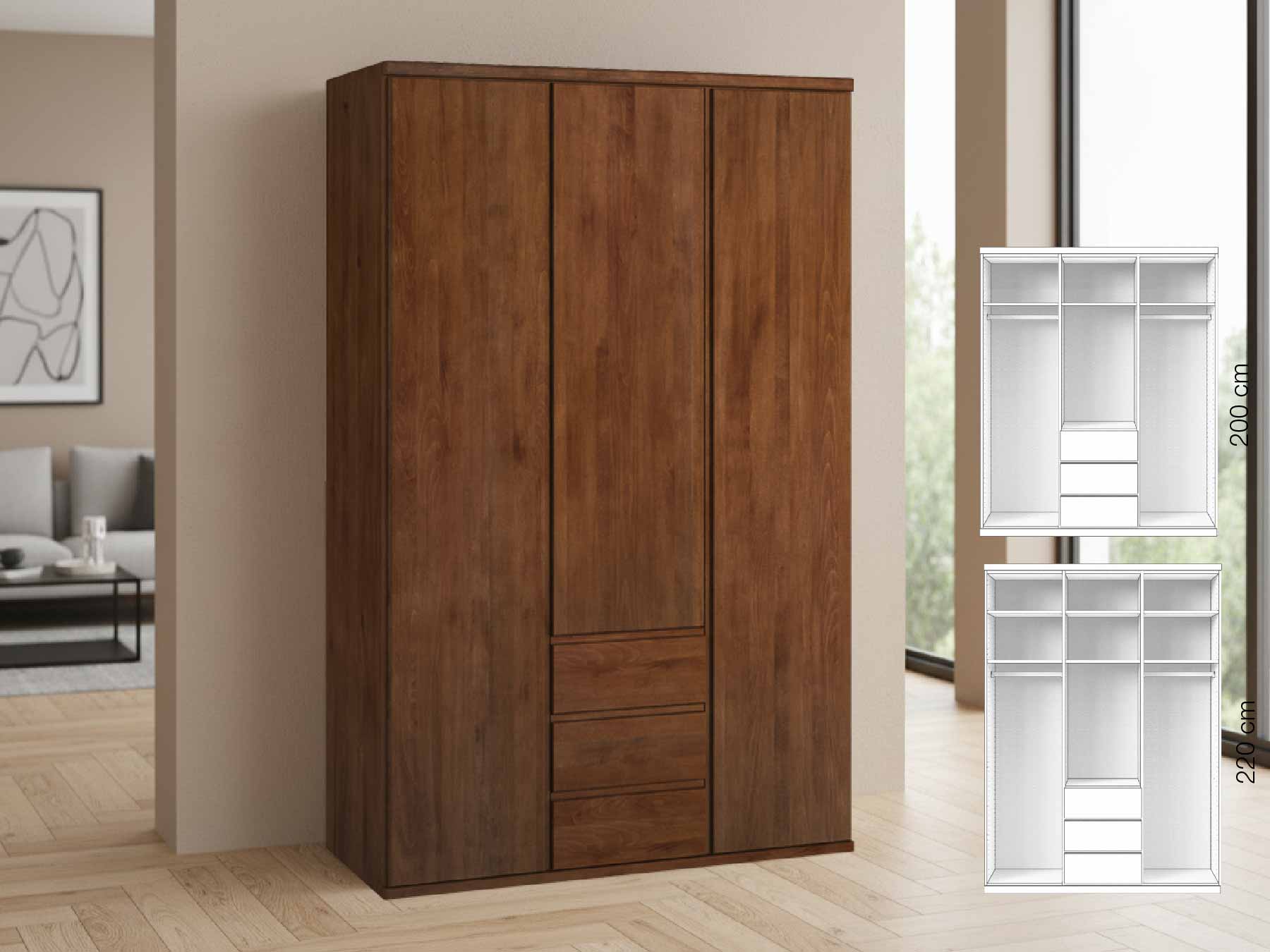 Buchenschrank Dunkel „Valentin“, 3-türig, Höhe 220 cm, Griffausführung „Patrizia“, Inneneinrichtung: E