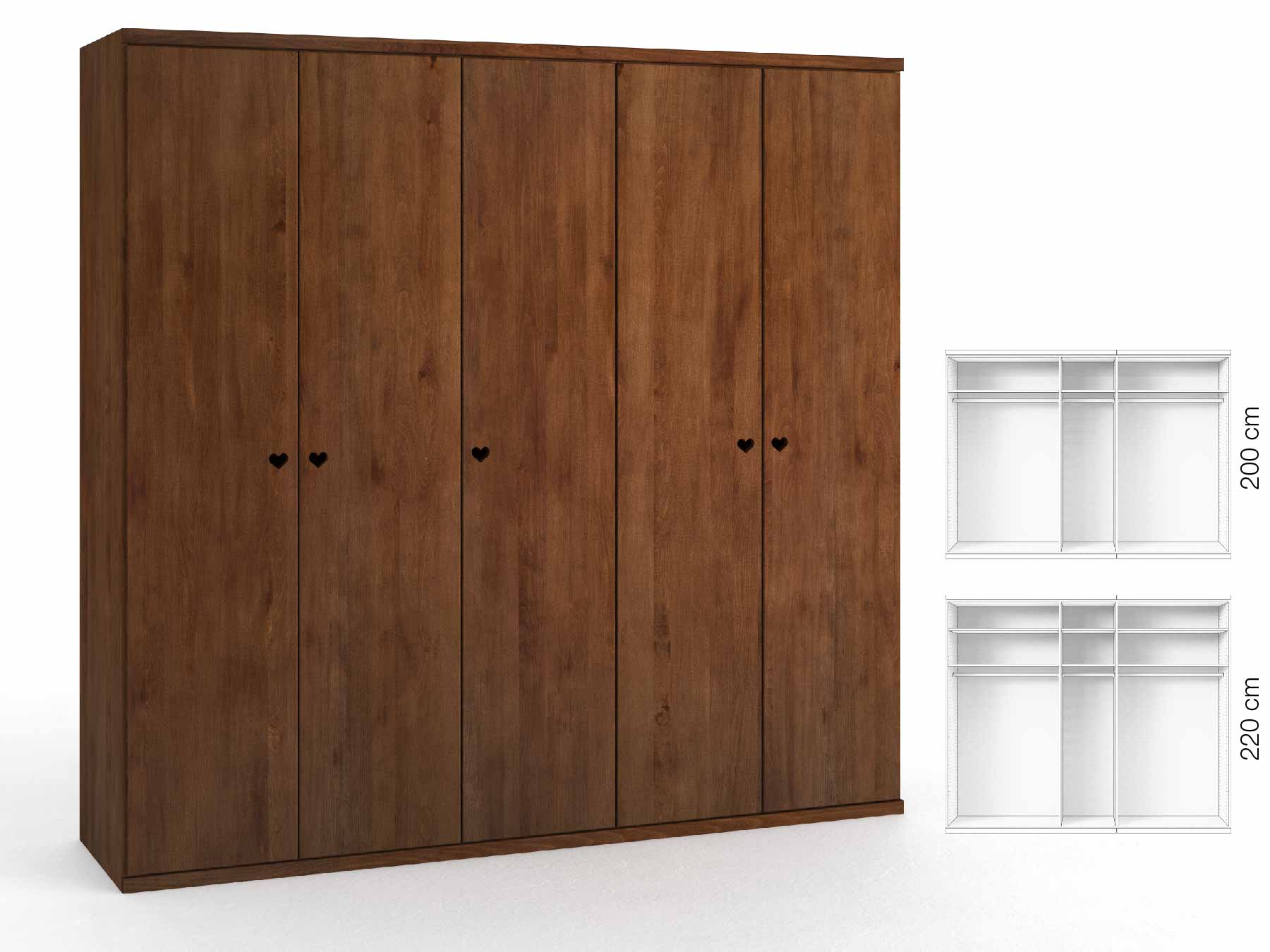 Buchenschrank Dunkel „Romana“, 5-türig, Höhe 220 cm, Griffausführung „Heidi“, Inneneinrichtung: A