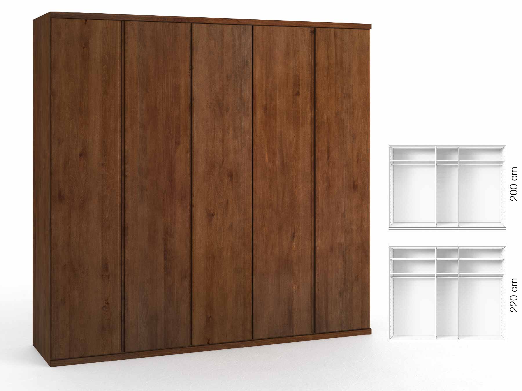 Buchenschrank Dunkel „Romana“, 5-türig, Höhe 220 cm, Griffausführung „Patrizia“, Inneneinrichtung: A