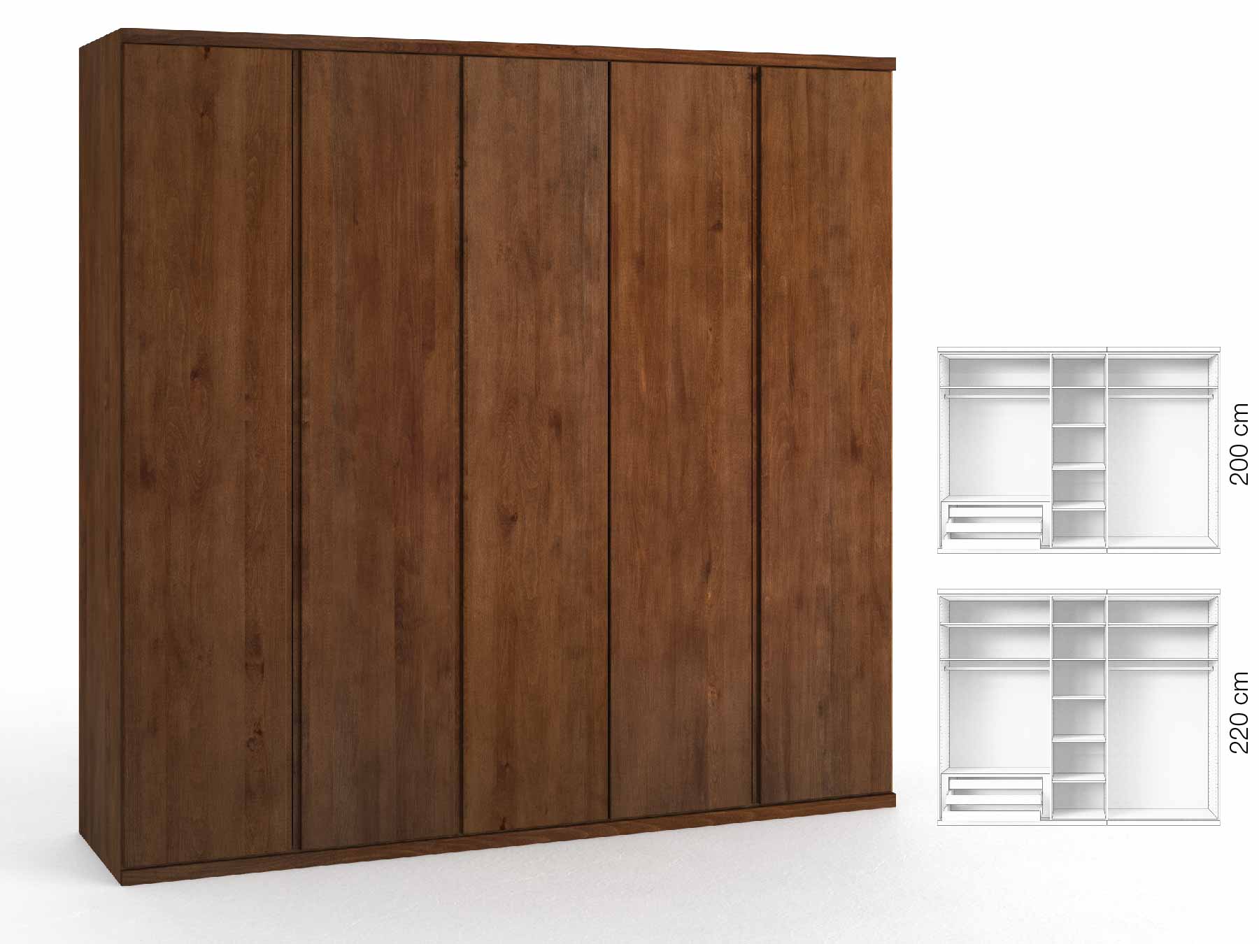 Buchenschrank Dunkel „Romana“, 5-türig, Höhe 220 cm, Griffausführung „Patrizia“, Inneneinrichtung: C