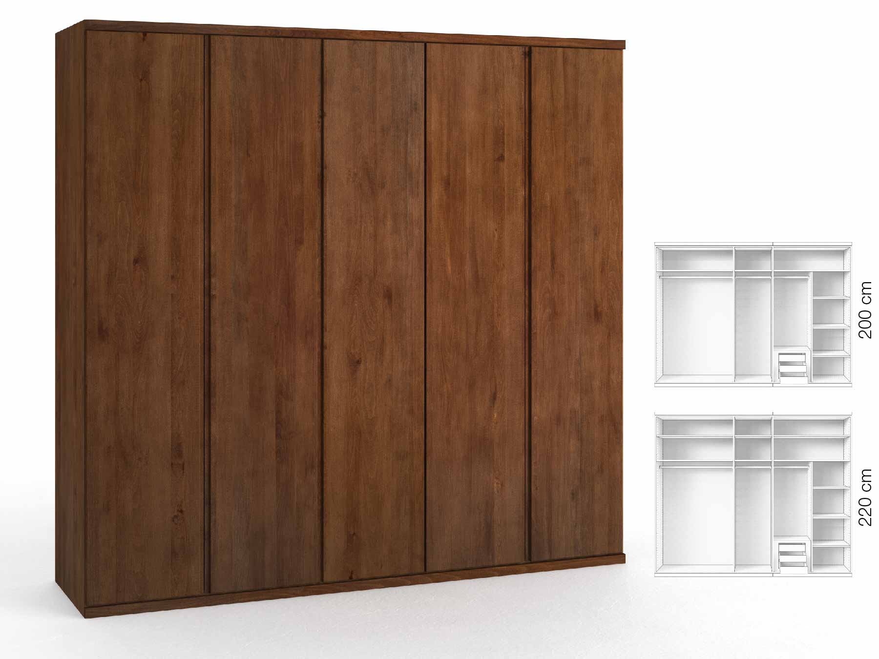 Buchenschrank Dunkel „Romana“, 5-türig, Höhe 220 cm, Griffausführung „Patrizia“, Inneneinrichtung: D