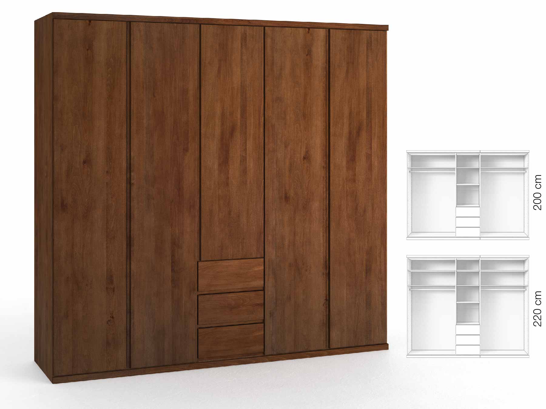 Buchenschrank Dunkel „Romana“, 5-türig, Höhe 220 cm, Griffausführung „Patrizia“, Inneneinrichtung: E