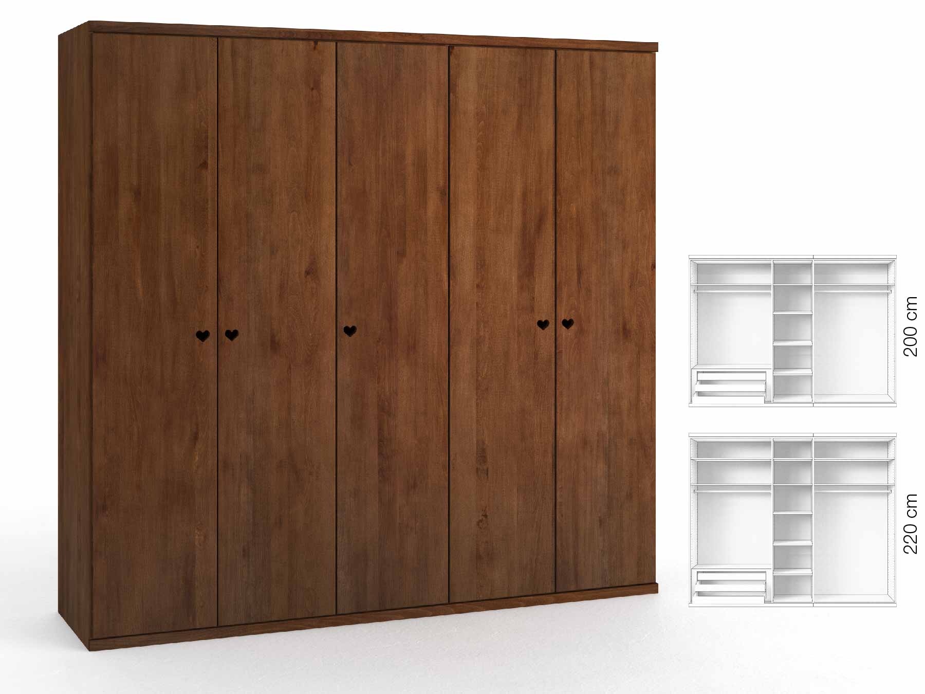 Buchenschrank Dunkel „Romana“, 5-türig, Höhe 220 cm, Griffausführung „Heidi“, Inneneinrichtung: C