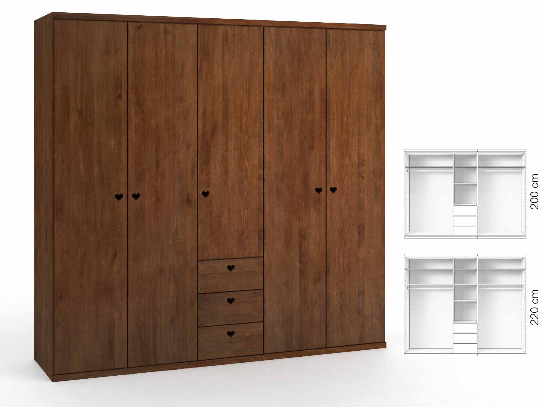 Buchenschrank Dunkel „Romana“, 5-türig, Höhe 220 cm, Griffausführung „Heidi“, Inneneinrichtung: E