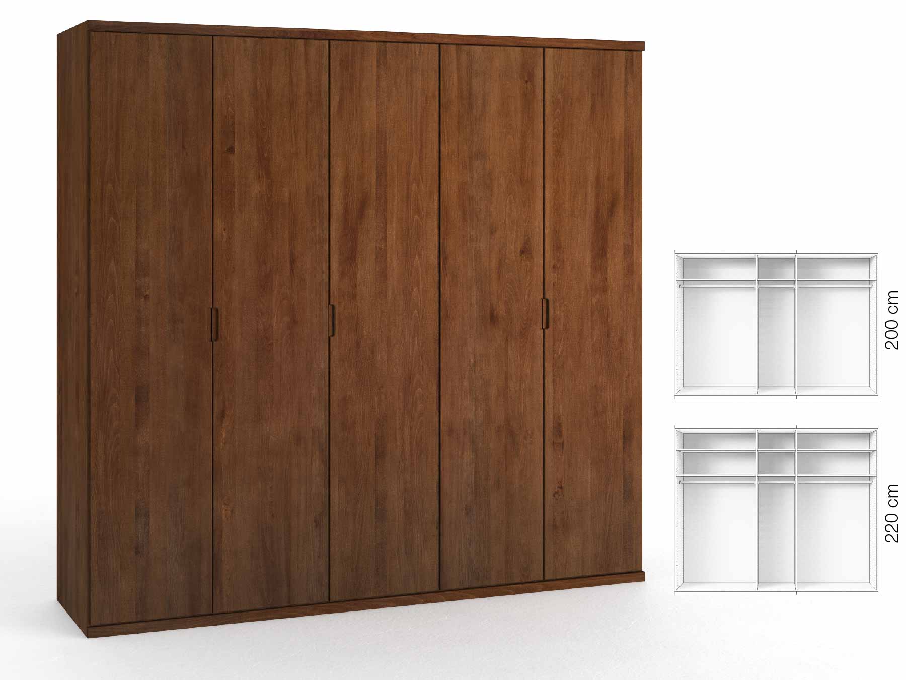 Buchenschrank Dunkel „Romana“, 5-türig, Höhe 220 cm, Griffausführung „Lukas“, Inneneinrichtung: A